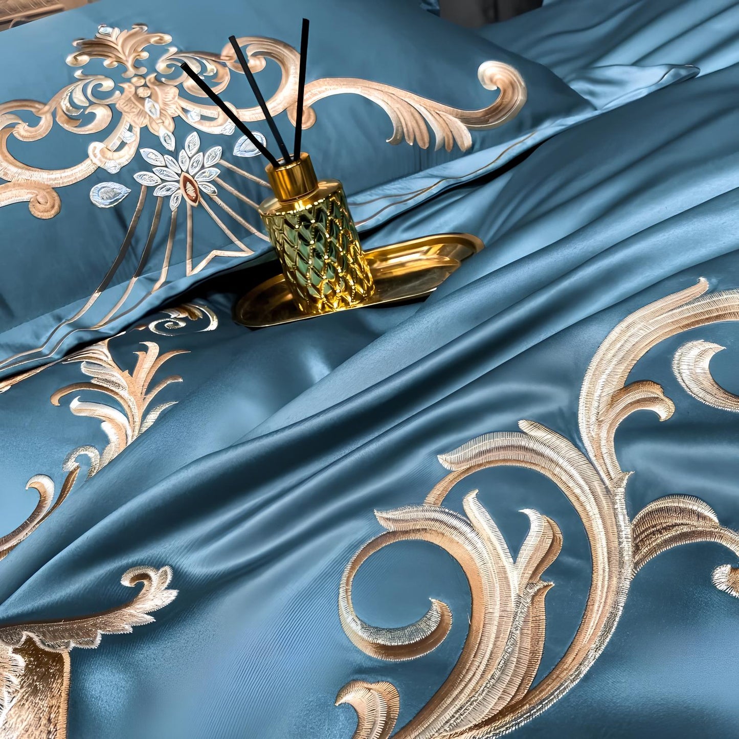 Blue Luxury Glossy Cotton Bedding Set with Royal Gold Embroidery , 400TC - Homevalley.co.uk