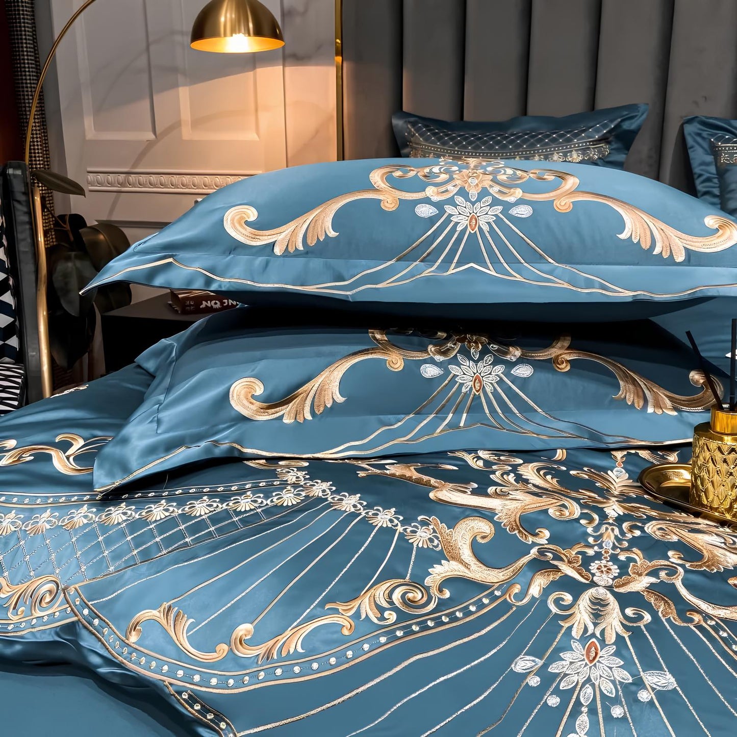 Blue Luxury Glossy Cotton Bedding Set with Royal Gold Embroidery , 400TC - Homevalley.co.uk