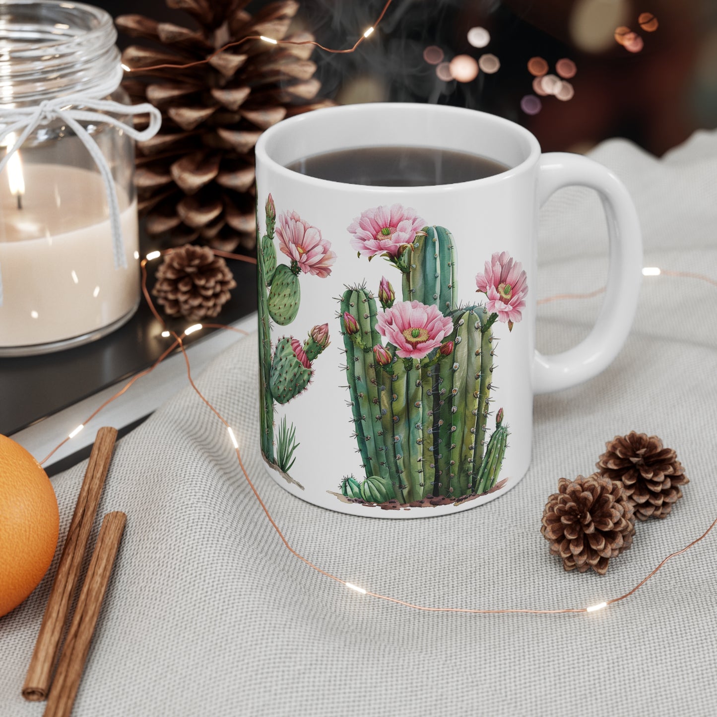 Cactus with Pink Flowers White Coffee Mug, Cactus Coffee Cup, Cactus Tea Cup, Gift for Her, Birthday Gift, 11oz - Homevalley.co.uk
