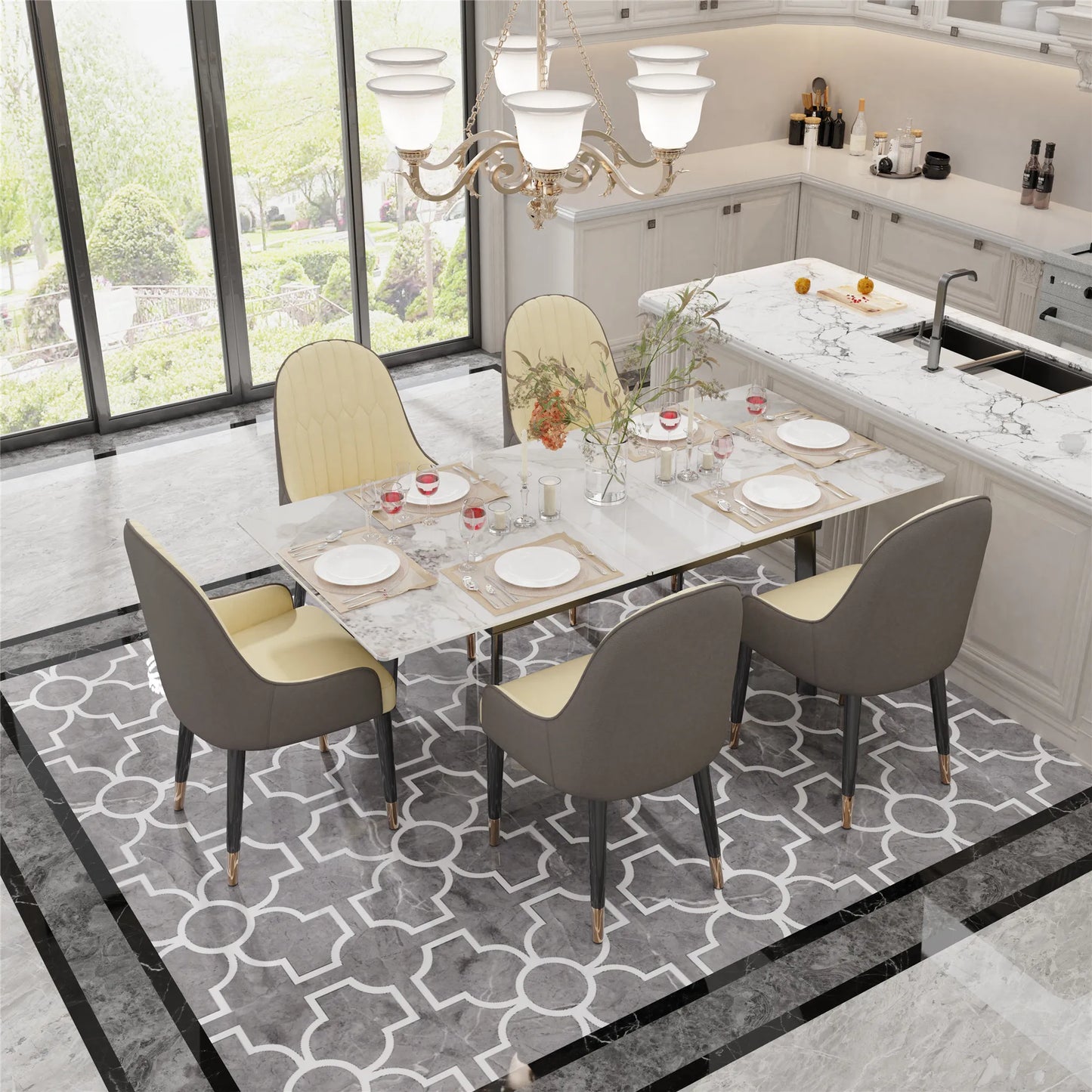 Extendable Rectangular Sintered Stone Marble Dining Table - Homevalley.co.uk