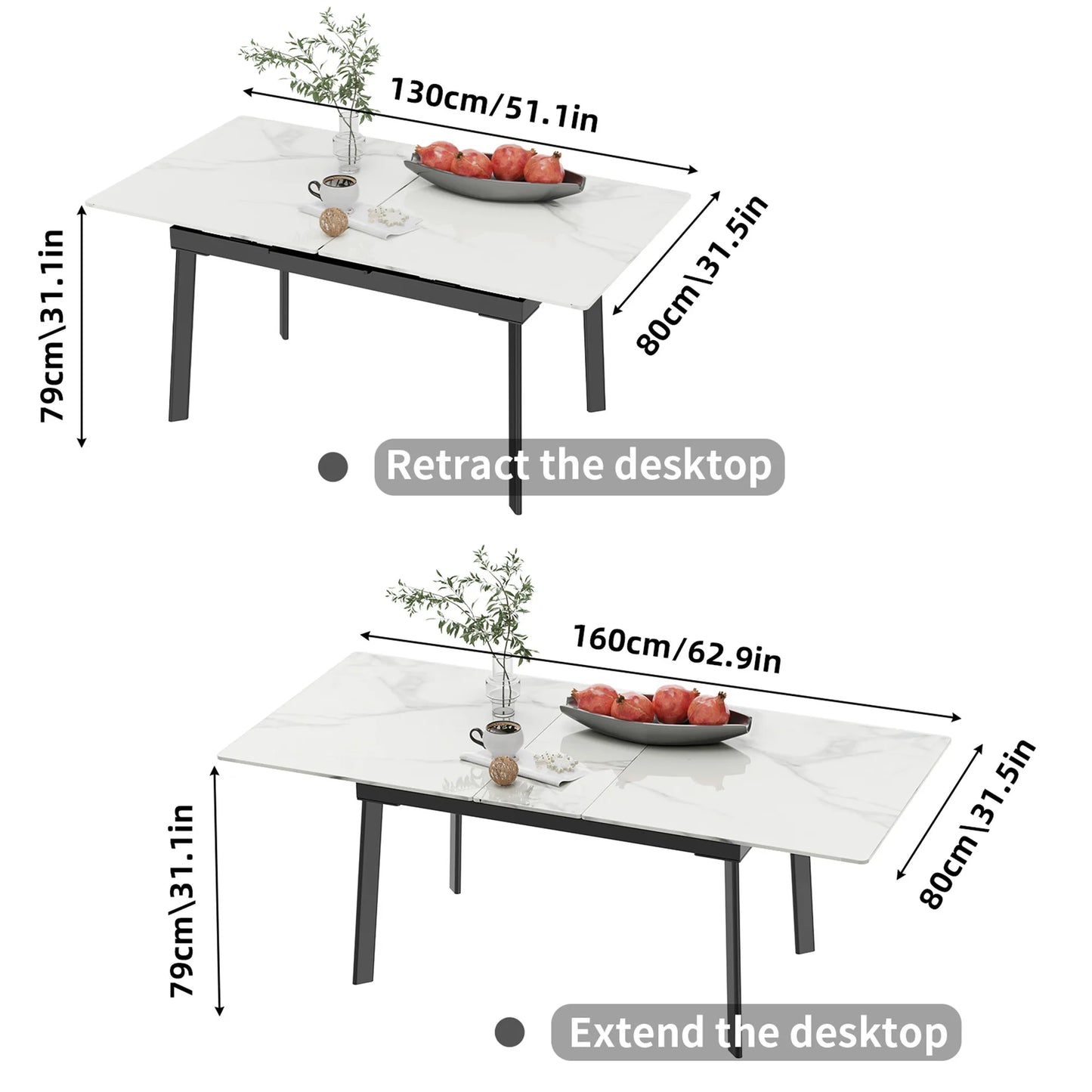 Extendable Rectangular Sintered Stone Marble Dining Table - Homevalley.co.uk