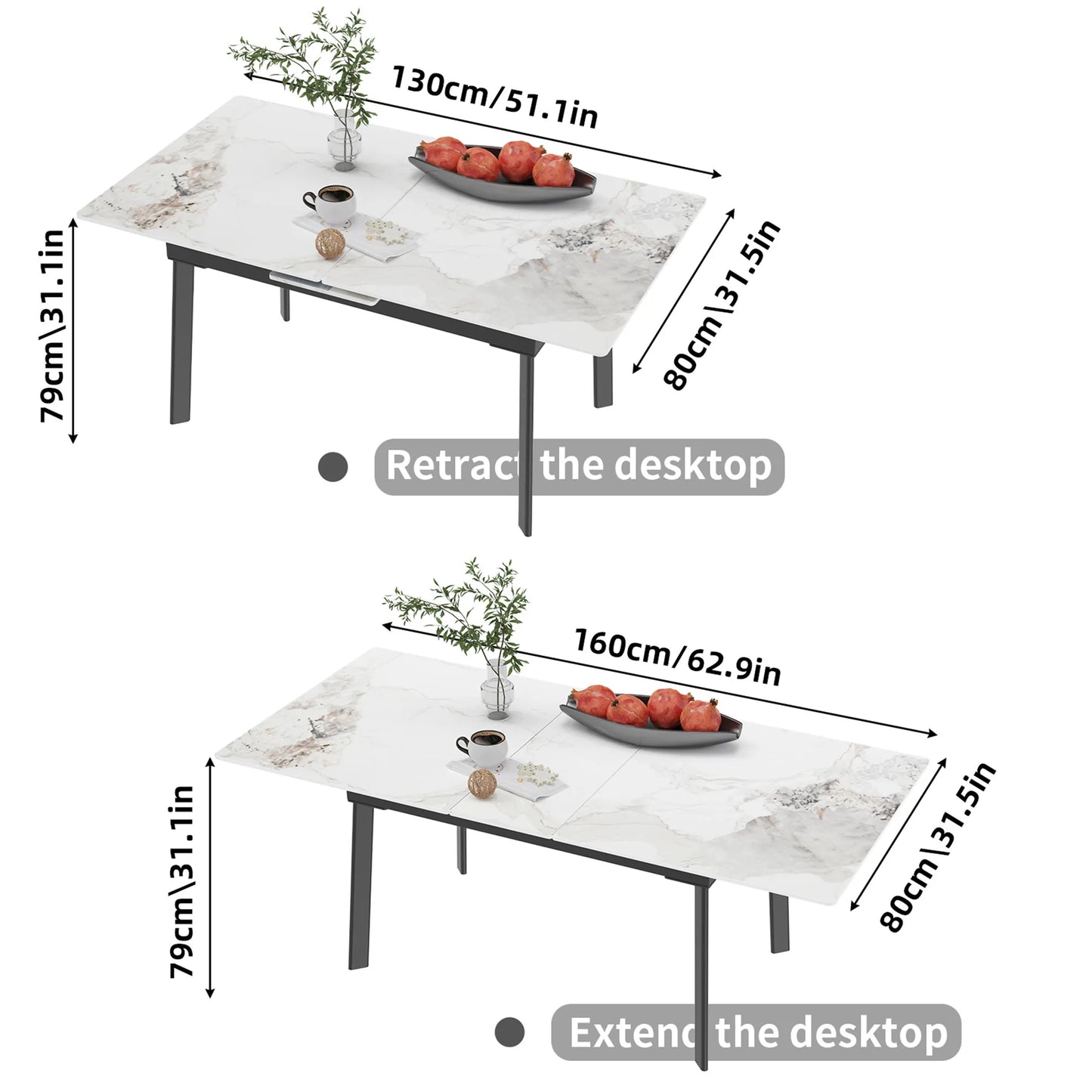 Extendable Rectangular Sintered Stone Marble Dining Table - Homevalley.co.uk