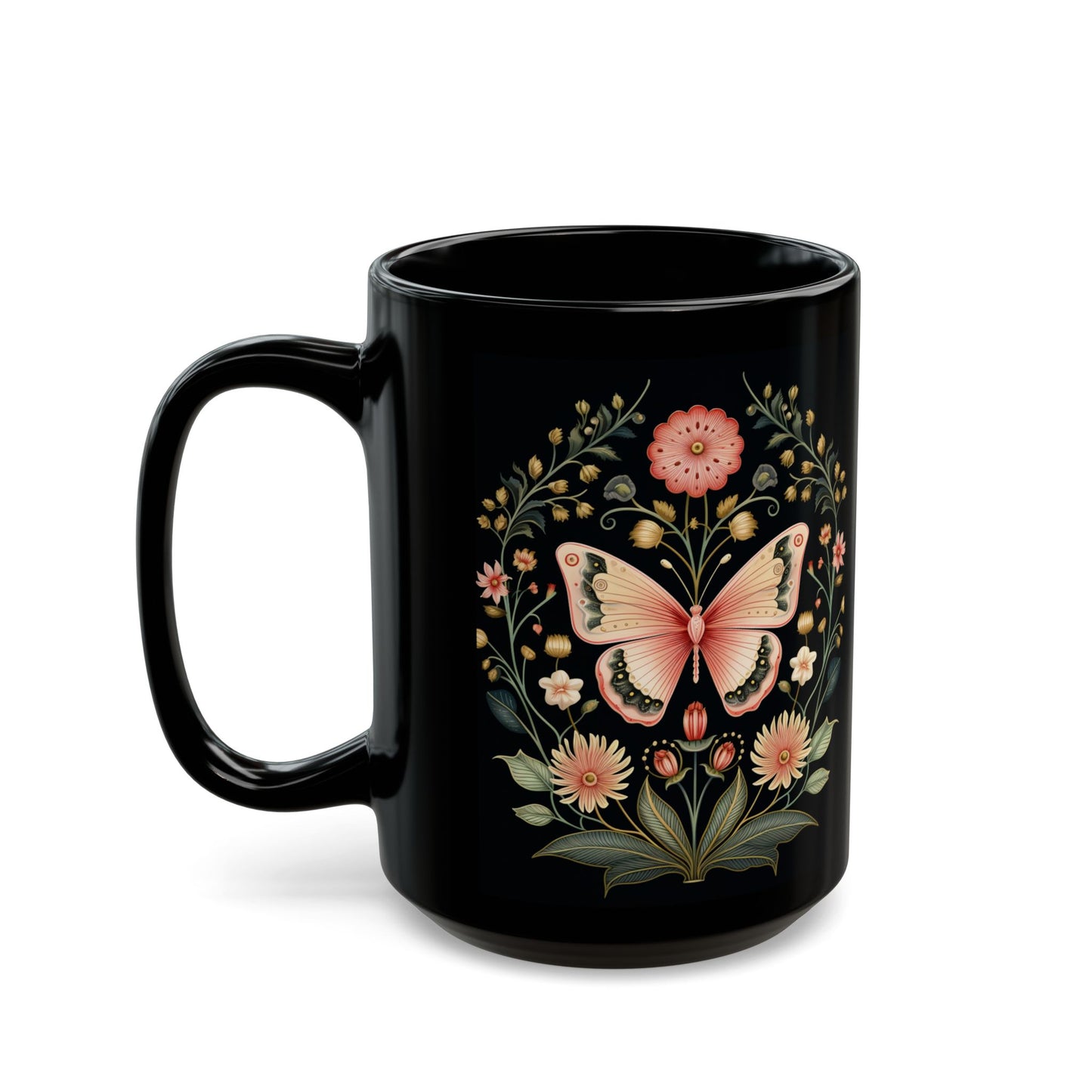 Flowers and Butterflies Black Coffee Mug, Floral Design Tea Cup, Gift for Her, Gift for Friend, Gift Idea, (11oz, 15oz) - Homevalley.co.uk