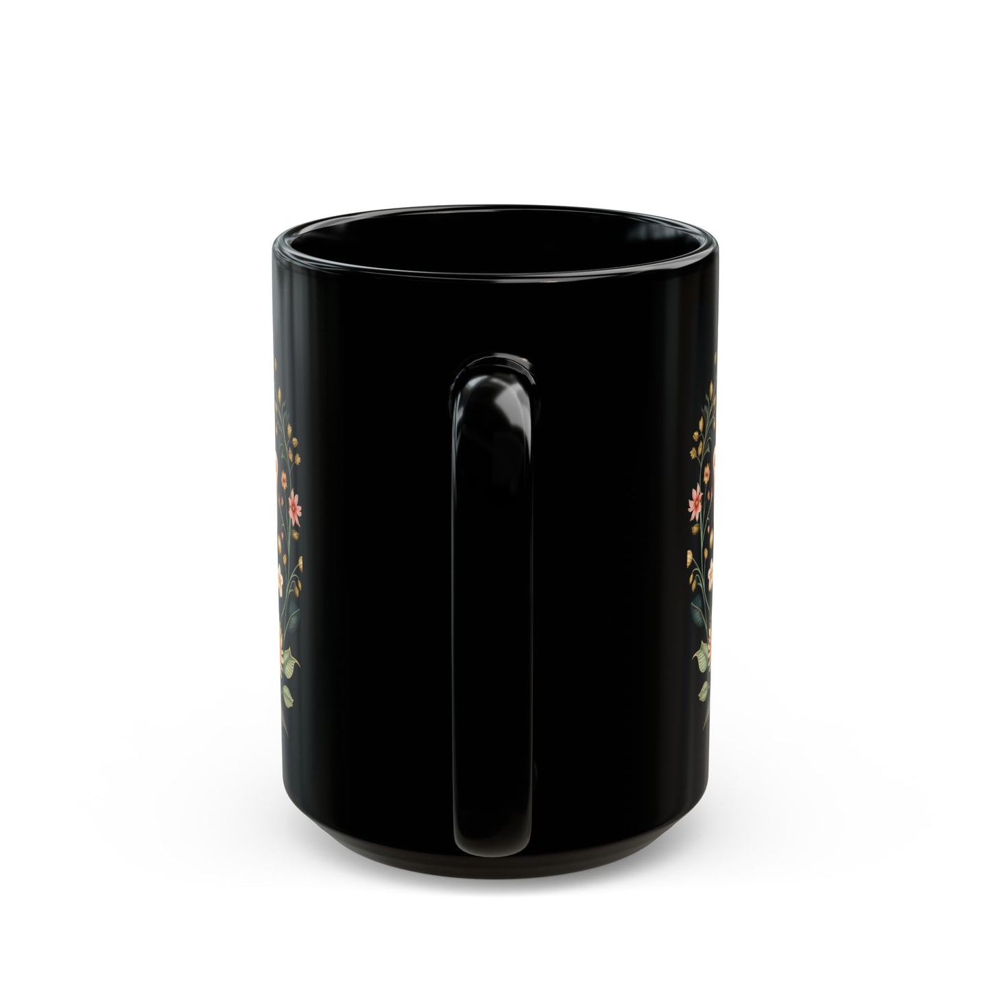 Flowers and Butterflies Black Coffee Mug, Floral Design Tea Cup, Gift for Her, Gift for Friend, Gift Idea, (11oz, 15oz) - Homevalley.co.uk