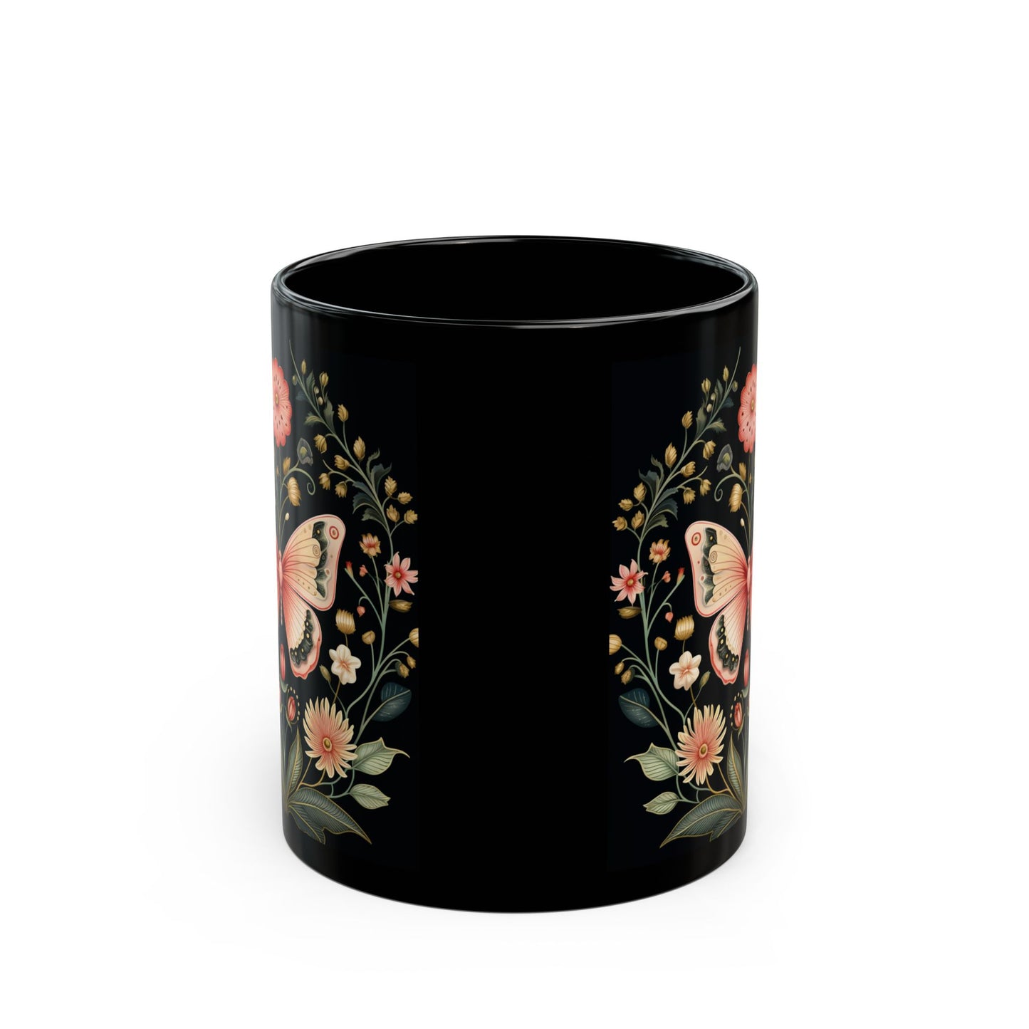 Flowers and Butterflies Black Coffee Mug, Floral Design Tea Cup, Gift for Her, Gift for Friend, Gift Idea, (11oz, 15oz) - Homevalley.co.uk