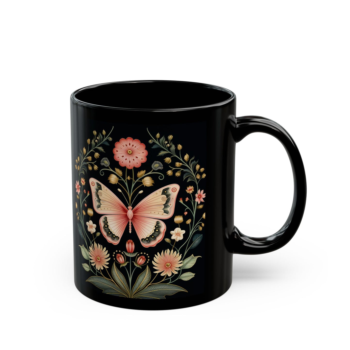 Flowers and Butterflies Black Coffee Mug, Floral Design Tea Cup, Gift for Her, Gift for Friend, Gift Idea, (11oz, 15oz) - Homevalley.co.uk
