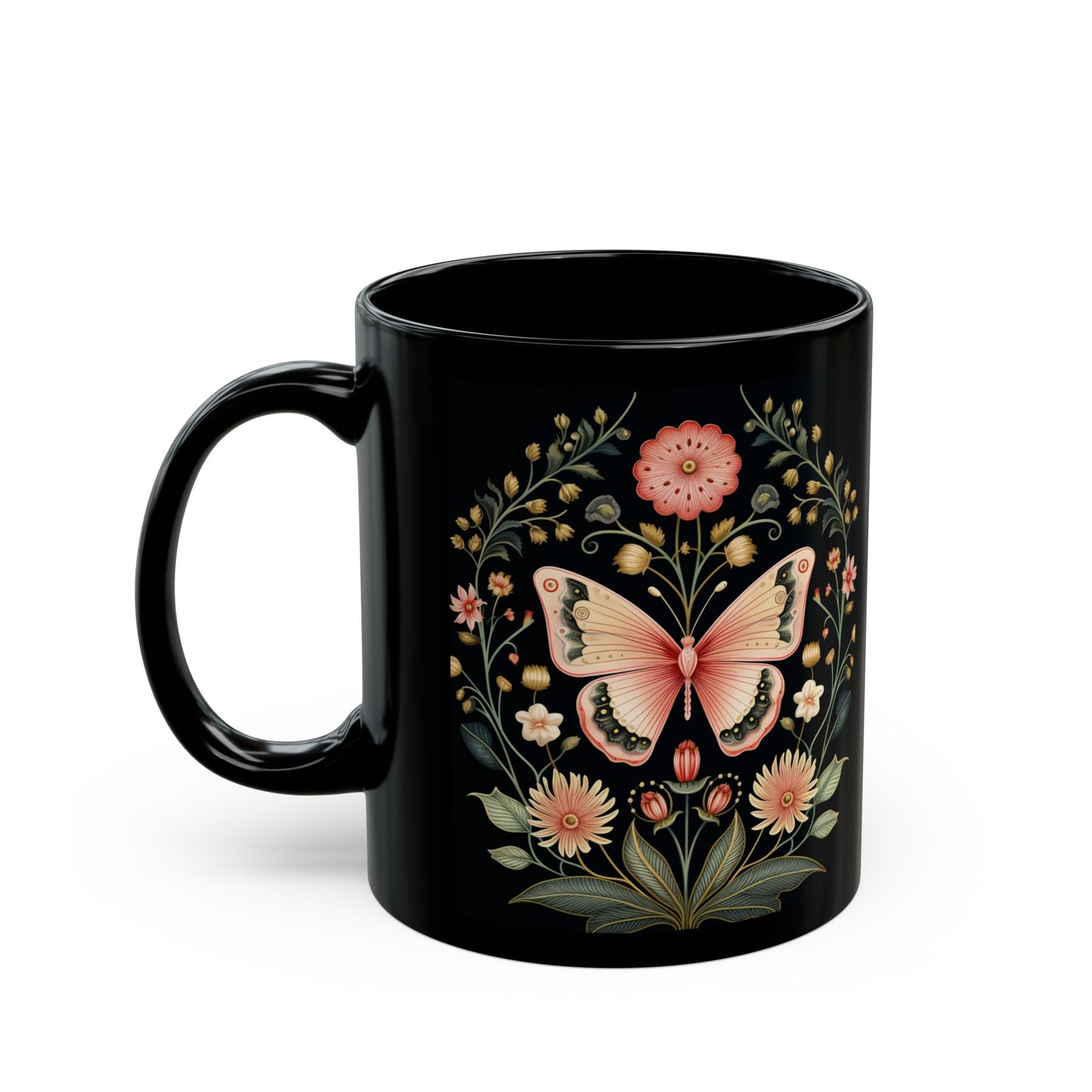 Flowers and Butterflies Black Coffee Mug, Floral Design Tea Cup, Gift for Her, Gift for Friend, Gift Idea, (11oz, 15oz) - Homevalley.co.uk