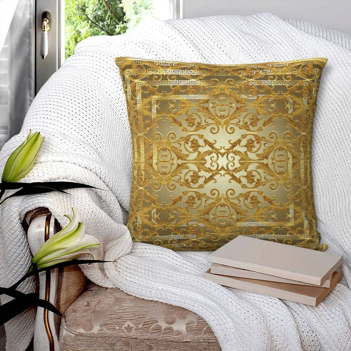 Greek Keys Golden Baroque Style Square Cushion Cover - Homevalley.co.uk