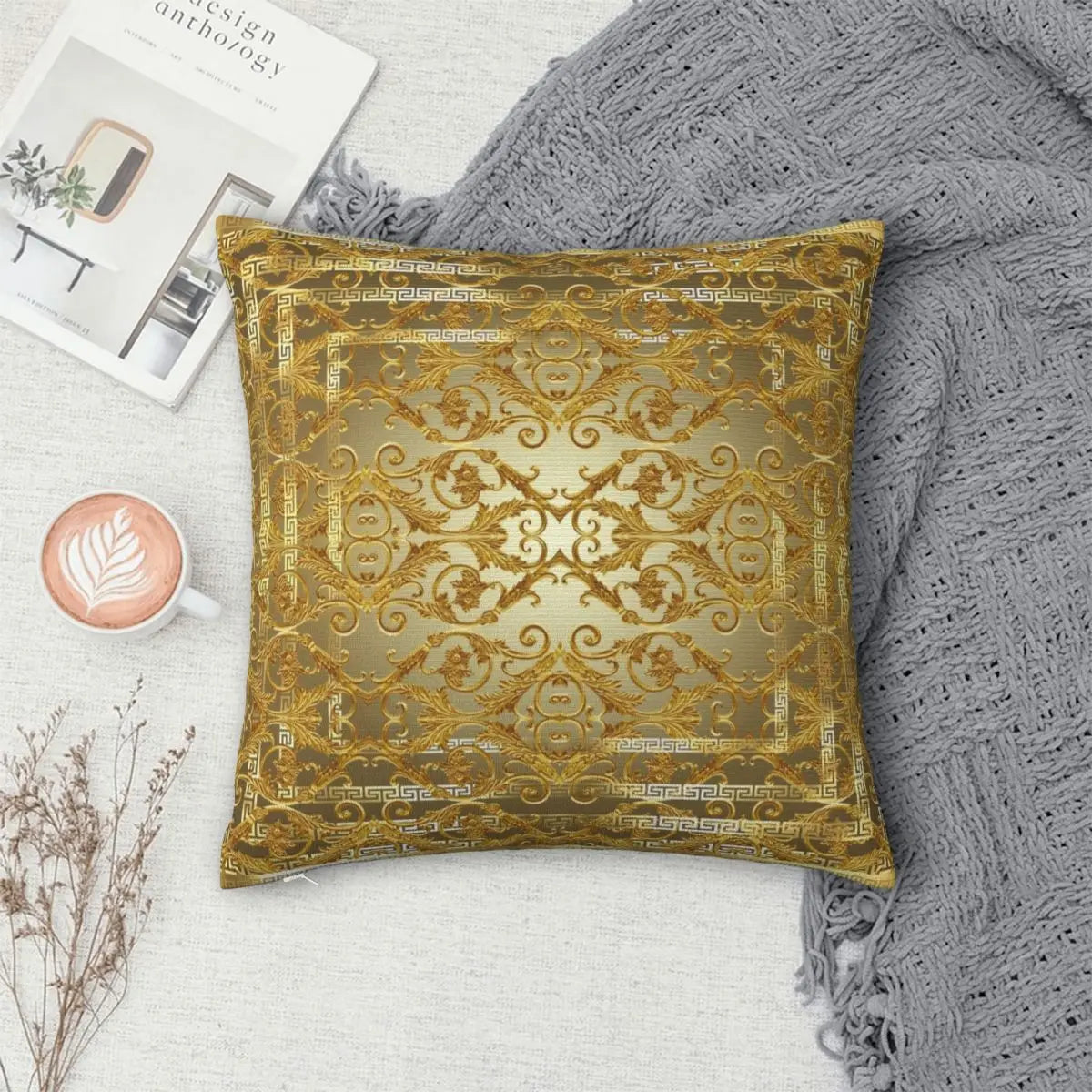 Greek Keys Golden Baroque Style Square Cushion Cover - Homevalley.co.uk