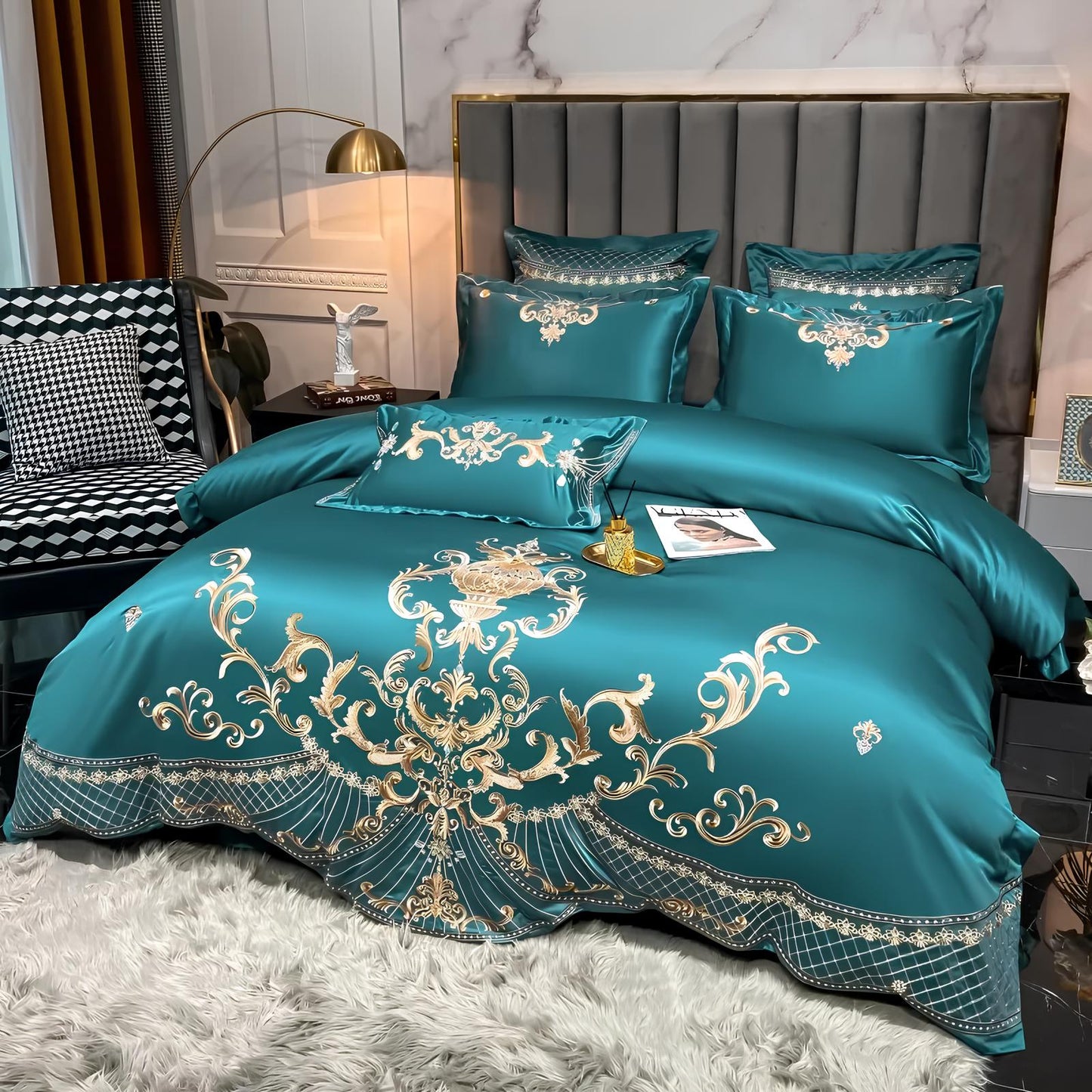 Green Luxury Royal Gold Embroidery Glossy Cotton Bedding Set, 400TC - Homevalley.co.uk