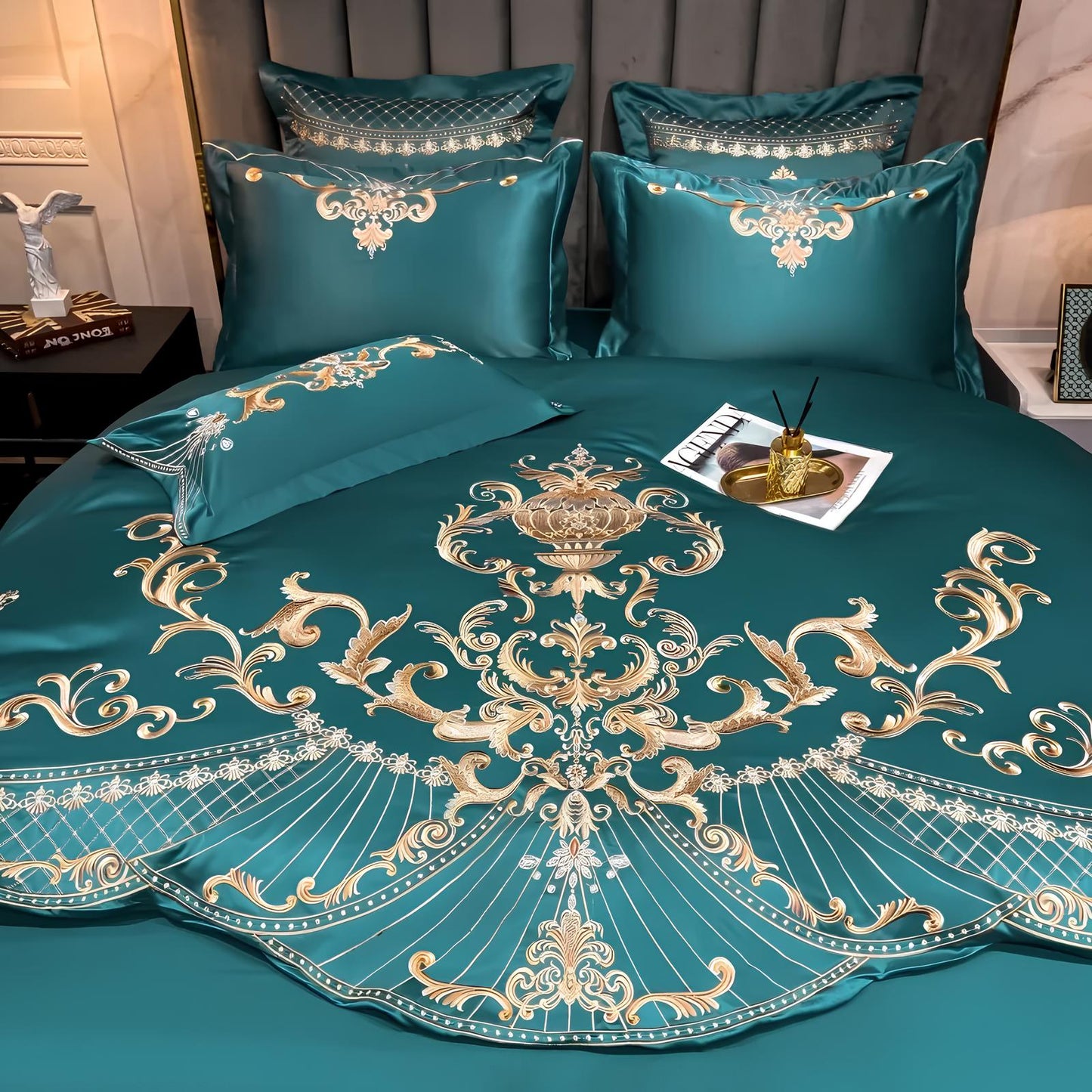 Green Luxury Royal Gold Embroidery Glossy Cotton Bedding Set, 400TC - Homevalley.co.uk