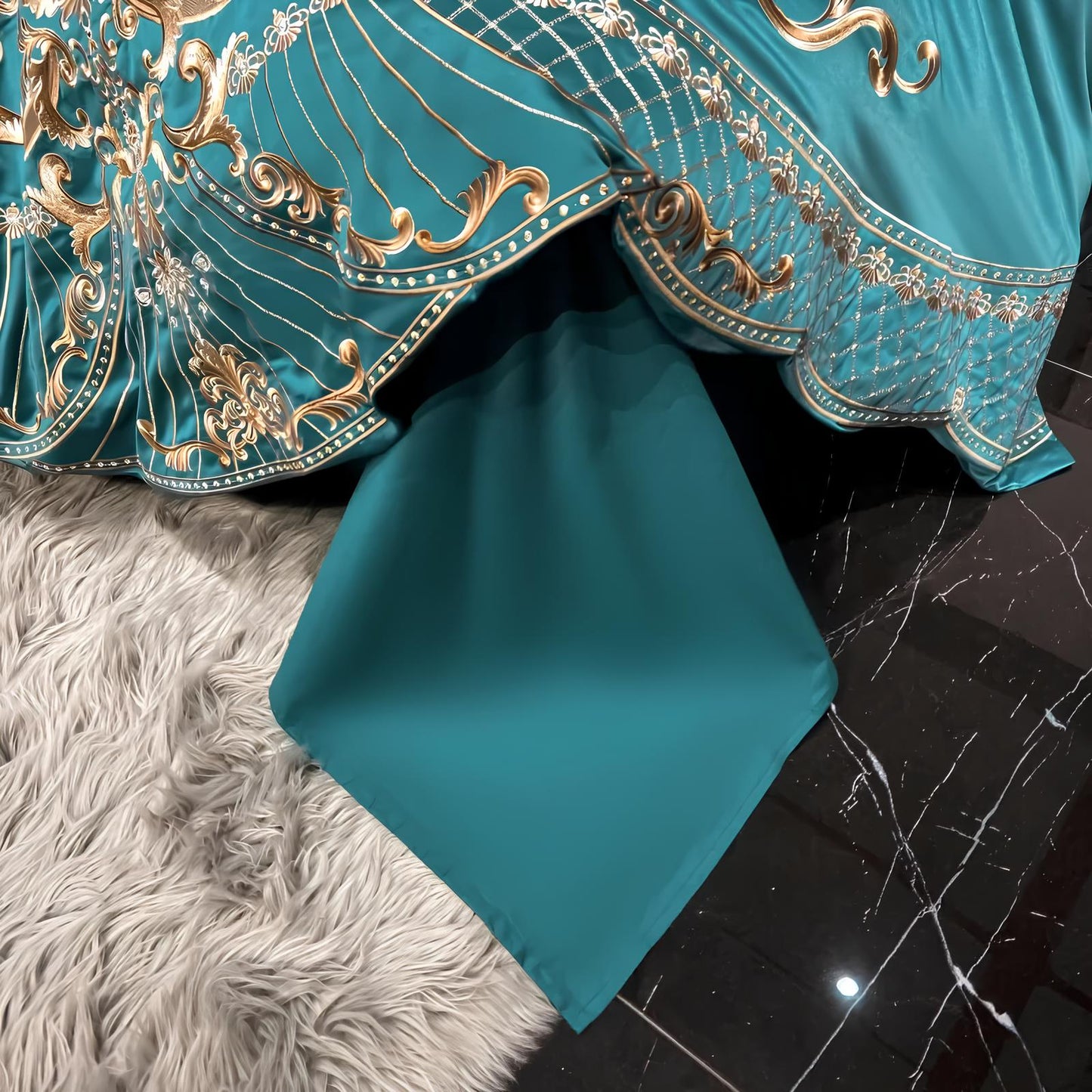 Green Luxury Royal Gold Embroidery Glossy Cotton Bedding Set, 400TC - Homevalley.co.uk