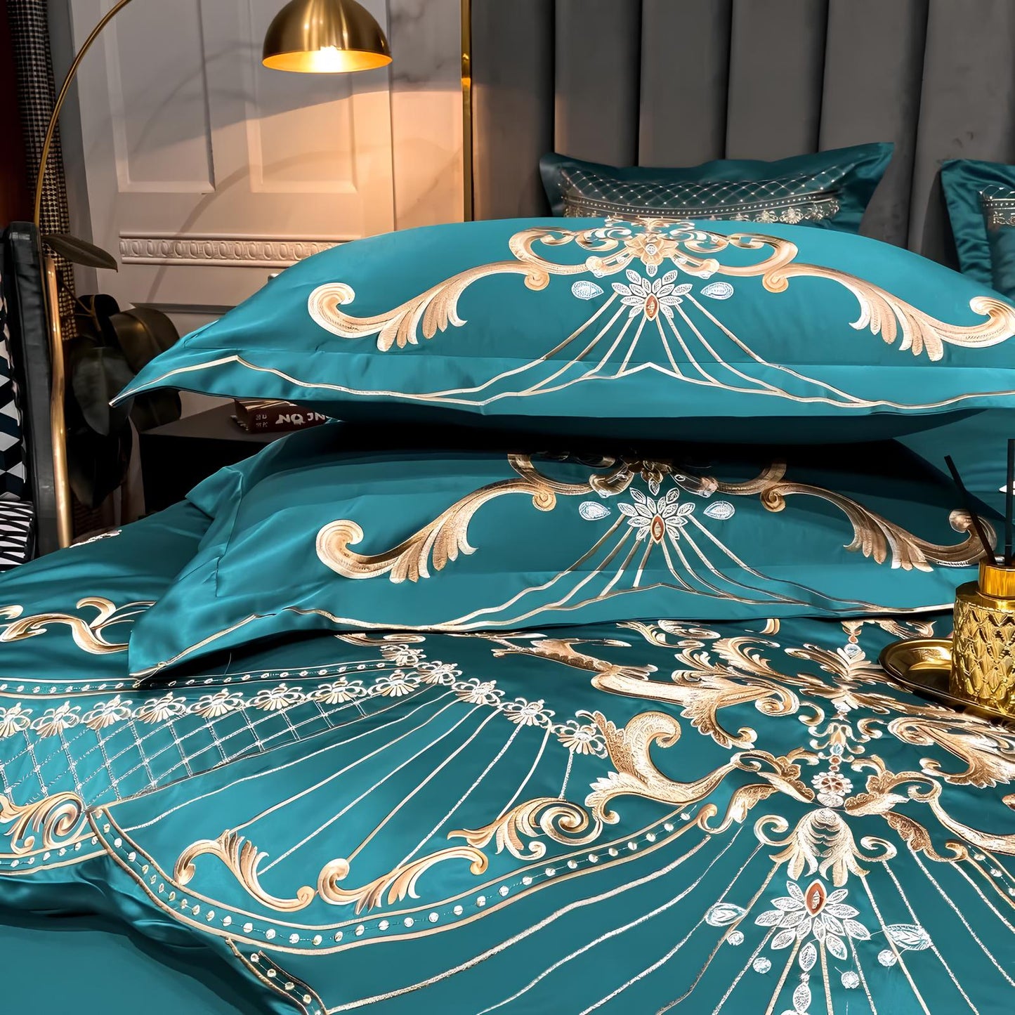 Green Luxury Royal Gold Embroidery Glossy Cotton Bedding Set, 400TC - Homevalley.co.uk