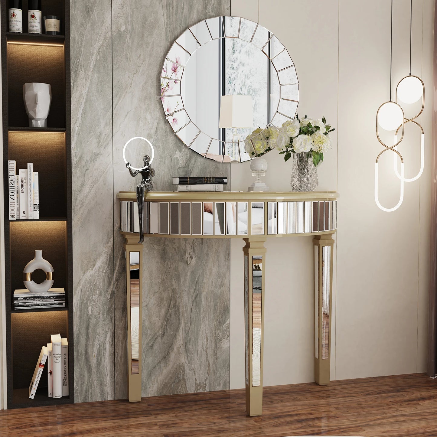 Half Moon Silver Mirrored Console Entryway Console Table - Homevalley.co.uk