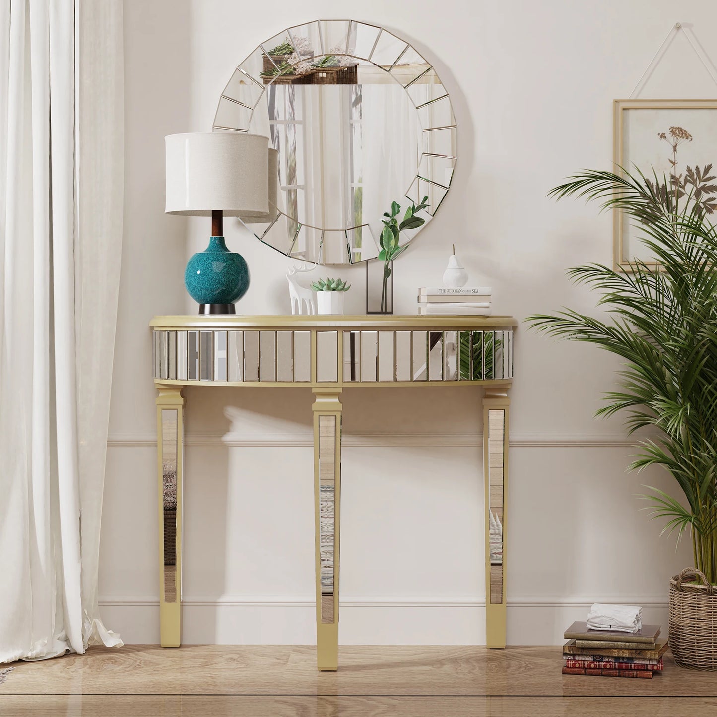 Half Moon Silver Mirrored Console Entryway Console Table - Homevalley.co.uk