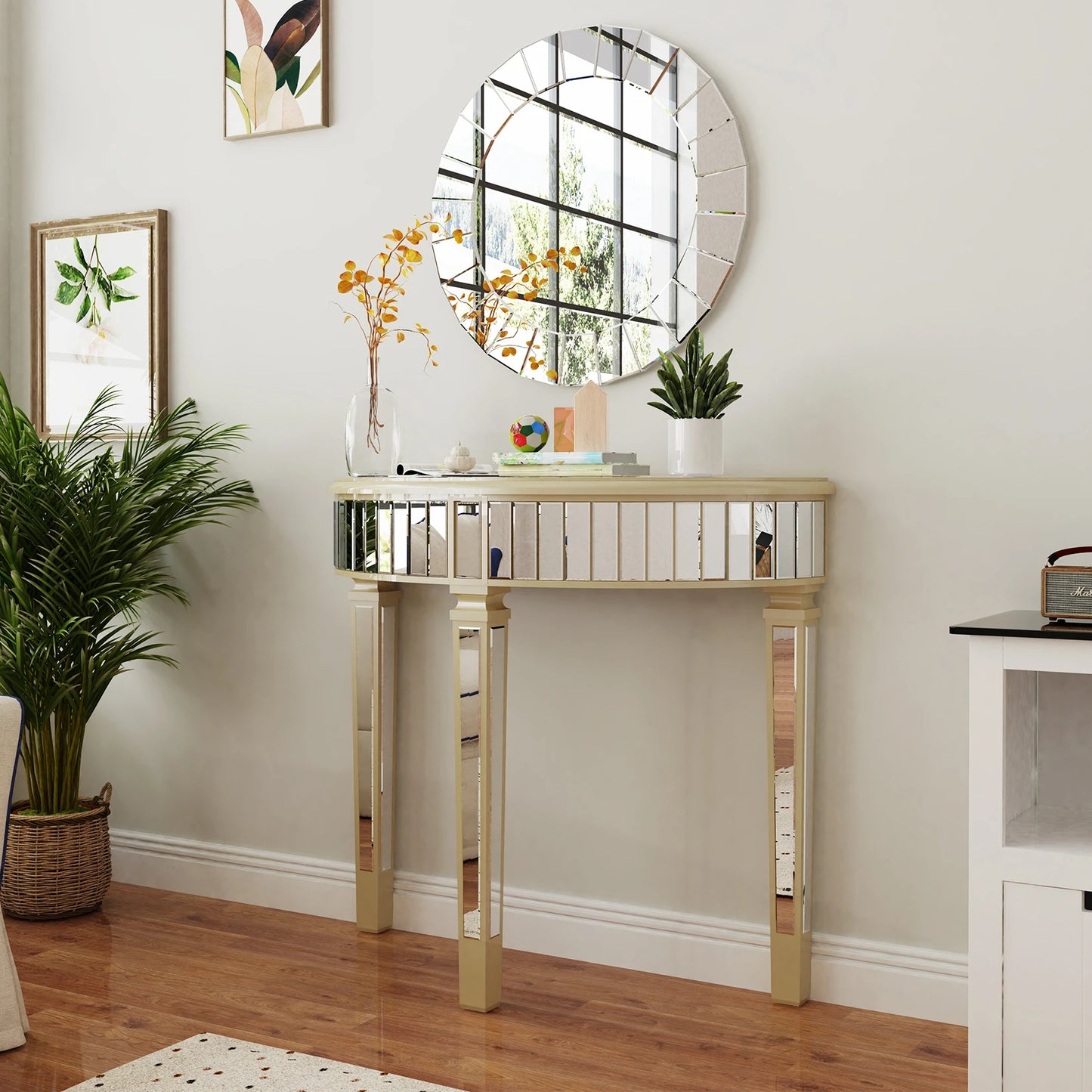 Half Moon Silver Mirrored Console Entryway Console Table - Homevalley.co.uk
