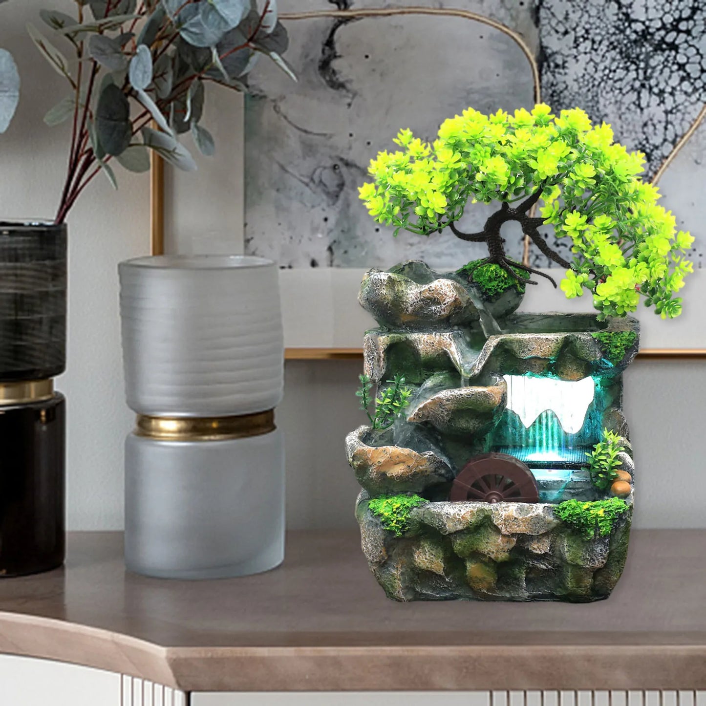 Illuminated Waterfall Fountain with Rockery and Tree Ornament - Homevalley.co.uk