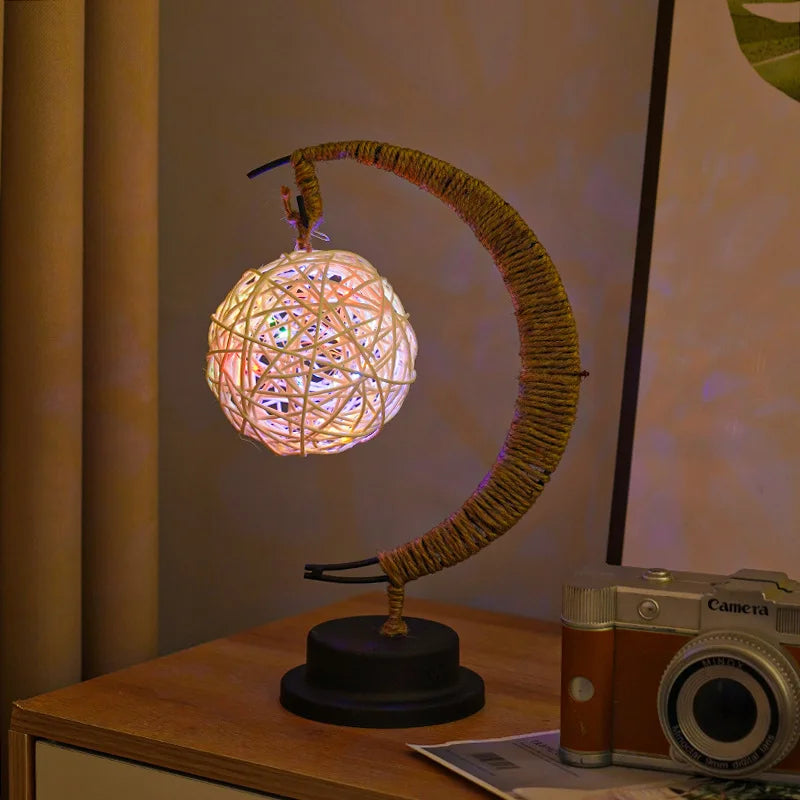LED Star and Moon Round Rattan Table Lamp - Homevalley.co.uk
