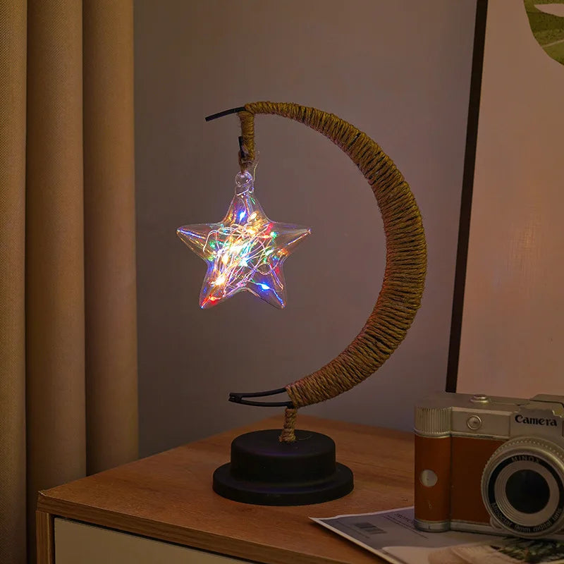 LED Star and Moon Round Rattan Table Lamp - Homevalley.co.uk