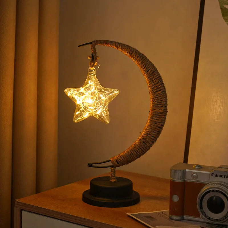 LED Star and Moon Round Rattan Table Lamp - Homevalley.co.uk