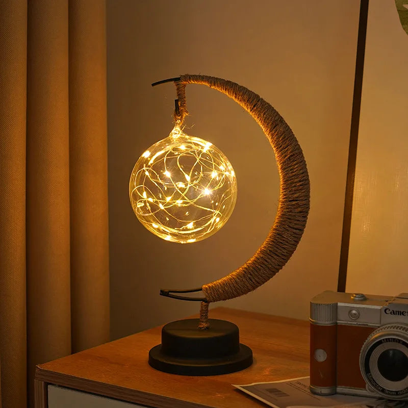 LED Star and Moon Round Rattan Table Lamp - Homevalley.co.uk