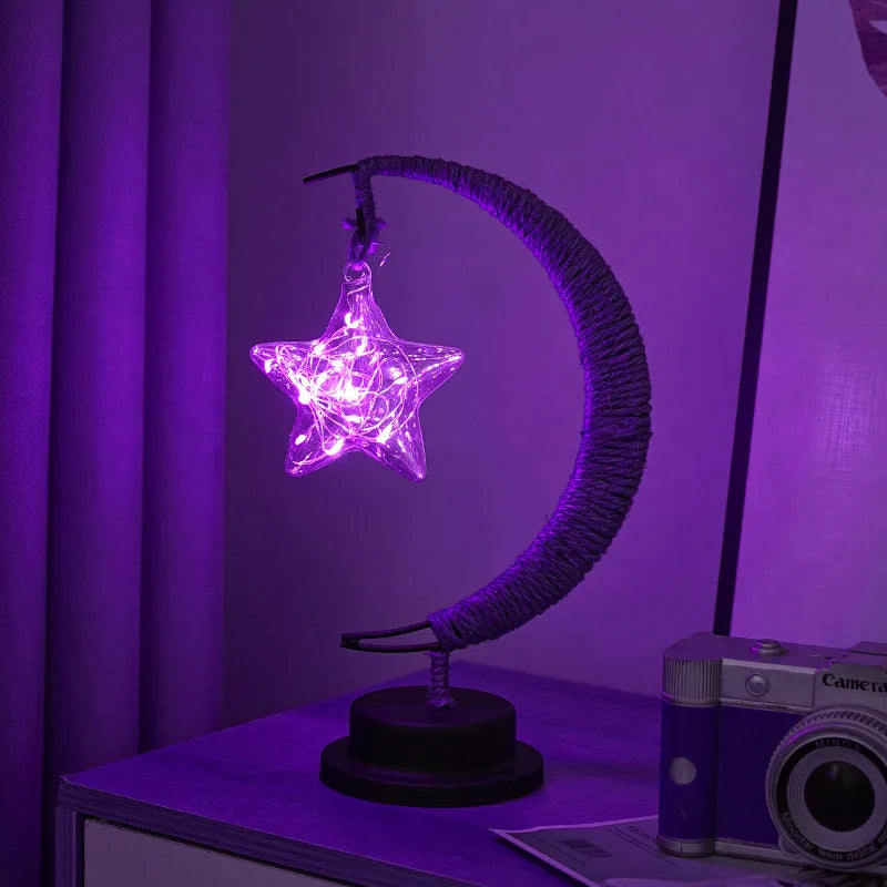 LED Star and Moon Round Rattan Table Lamp - Homevalley.co.uk