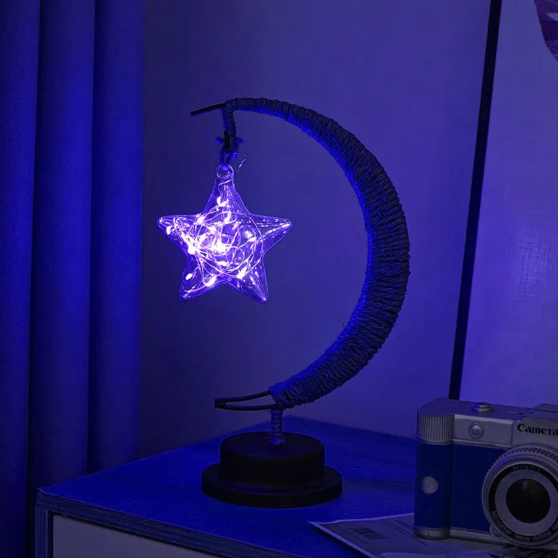 LED Star and Moon Round Rattan Table Lamp - Homevalley.co.uk