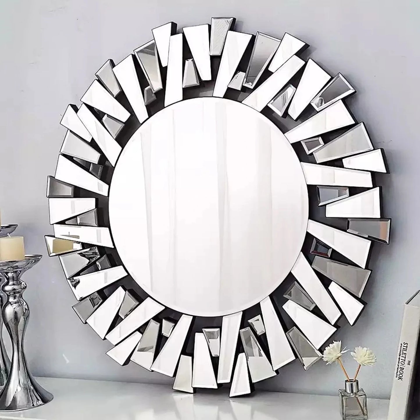 LUVODI Large Round Wall Decor Mirror with Silver Starburst Art Design - Homevalley.co.uk