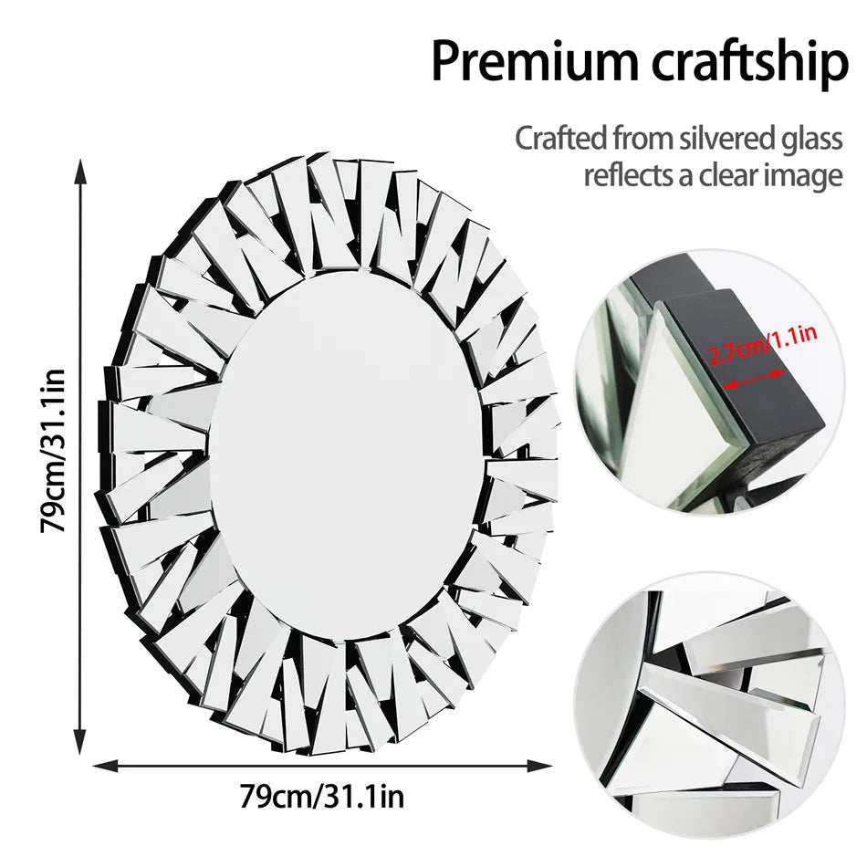 LUVODI Large Round Wall Decor Mirror with Silver Starburst Art Design - Homevalley.co.uk