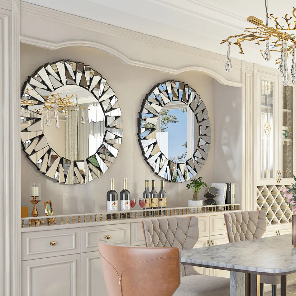 LUVODI Large Round Wall Decor Mirror with Silver Starburst Art Design - Homevalley.co.uk