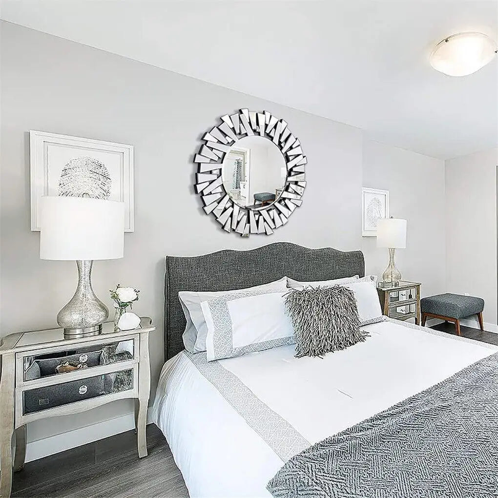 LUVODI Large Round Wall Decor Mirror with Silver Starburst Art Design - Homevalley.co.uk