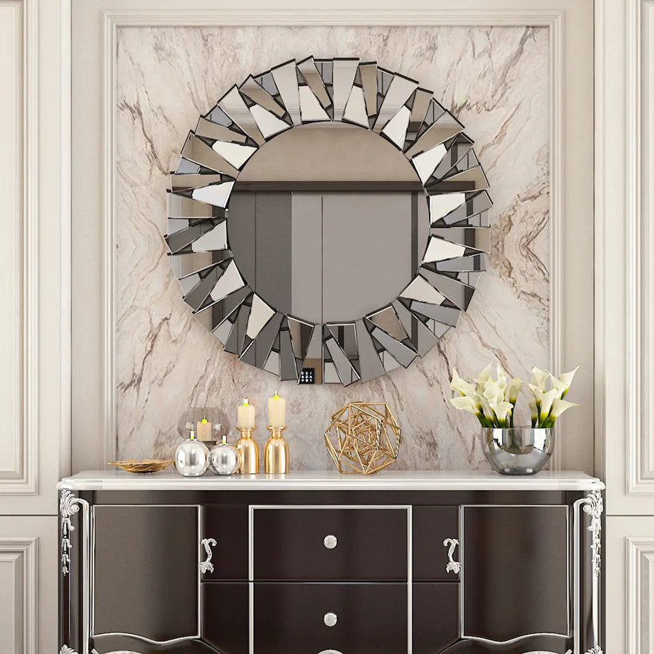 LUVODI Large Round Wall Decor Mirror with Silver Starburst Art Design - Homevalley.co.uk
