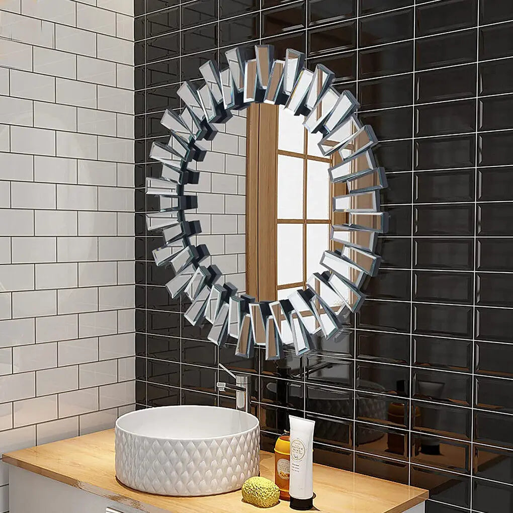 LUVODI Large Round Wall Decor Mirror with Silver Starburst Art Design - Homevalley.co.uk