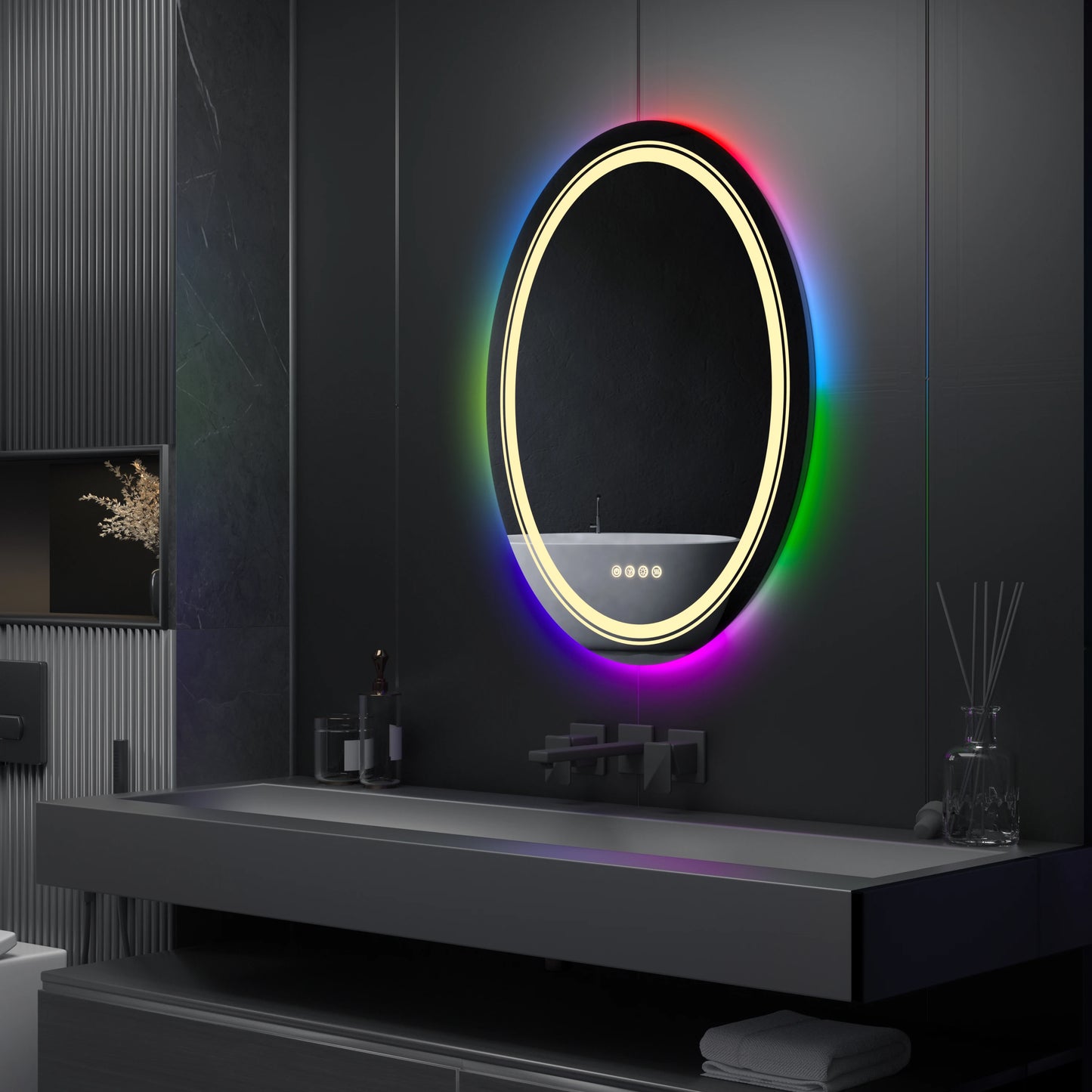 LUVODI Oval RGB HD Eco-friendly Bathroom Mirror with Dimmable LED Light, Anti-fog and Touch Screen - Homevalley.co.uk