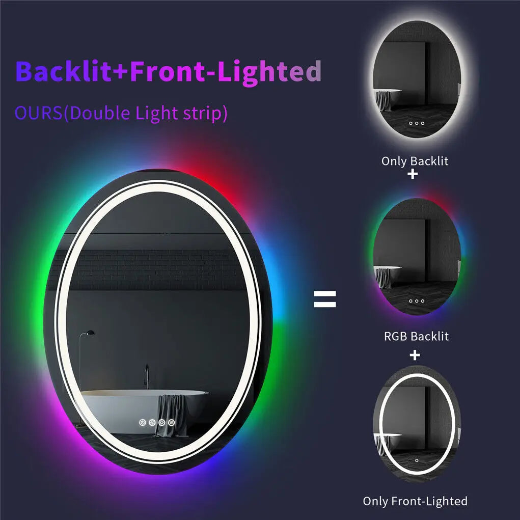 LUVODI Oval RGB HD Eco-friendly Bathroom Mirror with Dimmable LED Light, Anti-fog and Touch Screen - Homevalley.co.uk