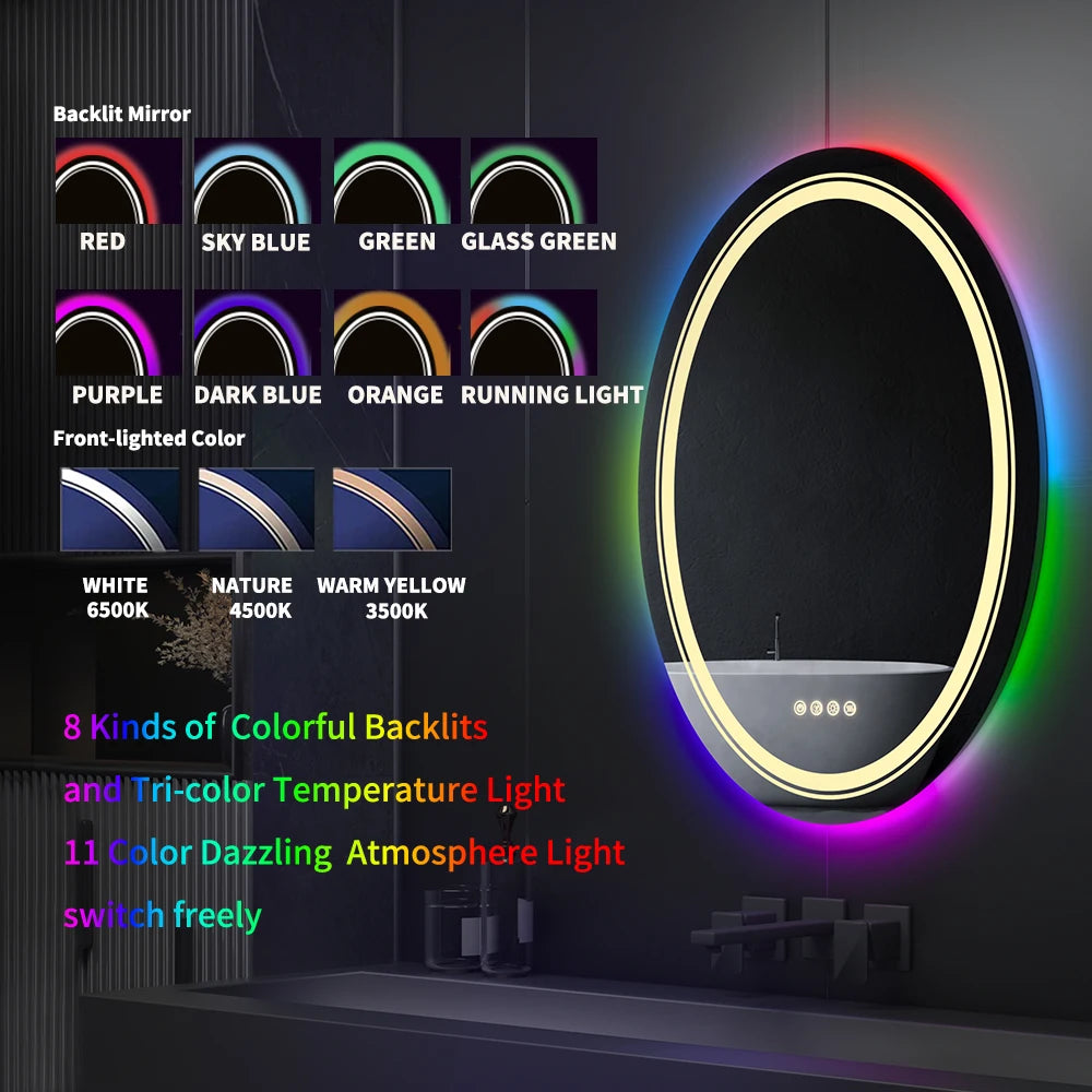 LUVODI Oval RGB HD Eco-friendly Bathroom Mirror with Dimmable LED Light, Anti-fog and Touch Screen - Homevalley.co.uk