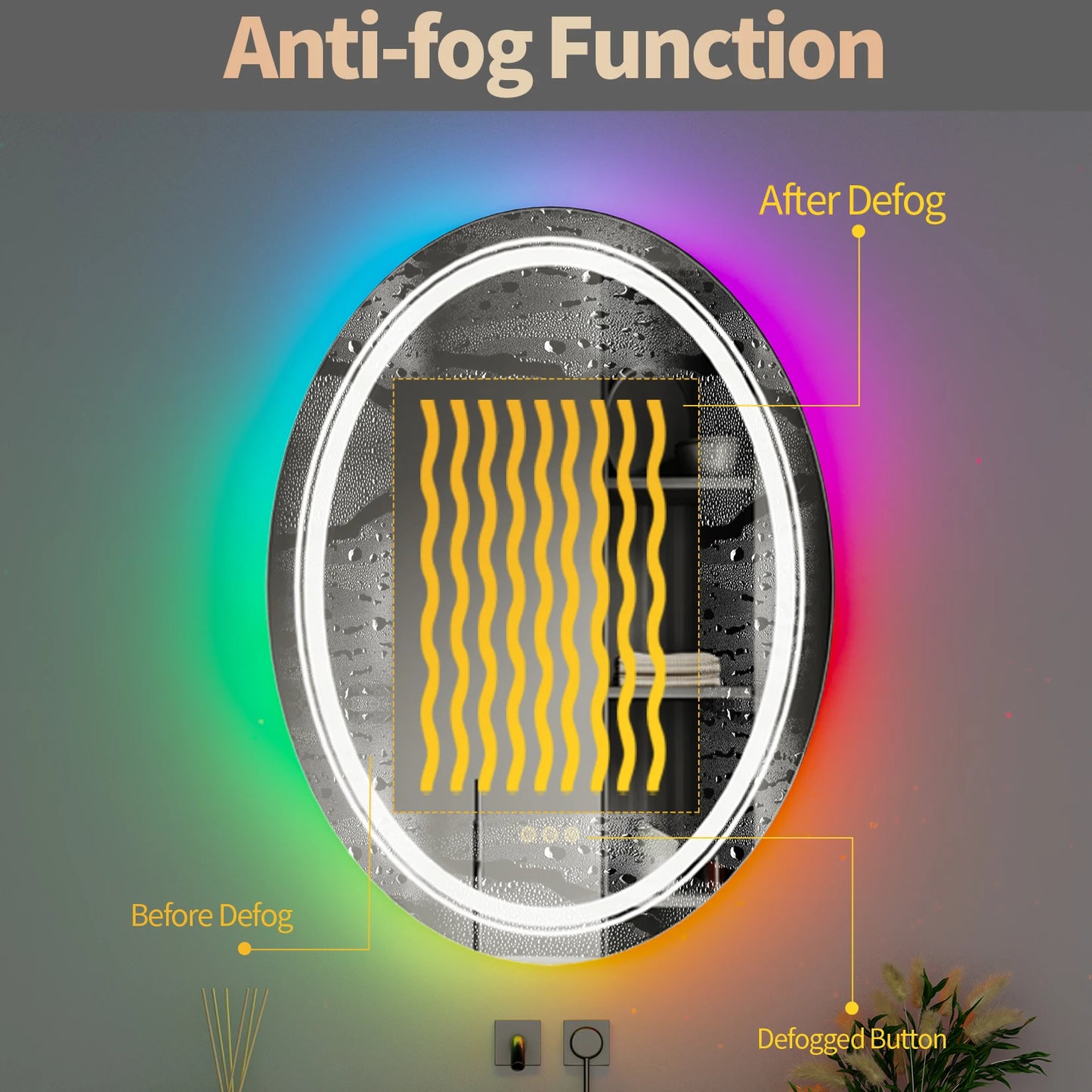 LUVODI Oval RGB HD Eco-friendly Bathroom Mirror with Dimmable LED Light, Anti-fog and Touch Screen - Homevalley.co.uk