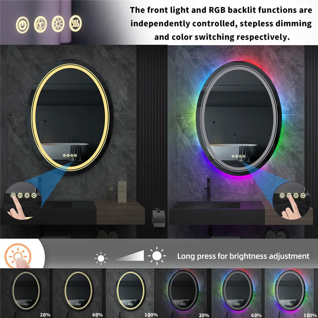 LUVODI Oval RGB HD Eco-friendly Bathroom Mirror with Dimmable LED Light, Anti-fog and Touch Screen - Homevalley.co.uk