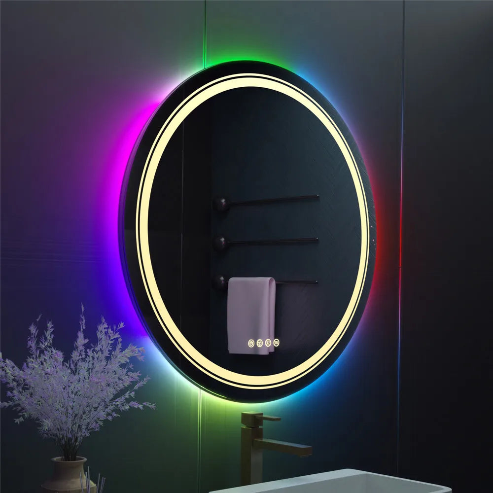 LUVODI Oval RGB HD Eco-friendly Bathroom Mirror with Dimmable LED Light, Anti-fog and Touch Screen - Homevalley.co.uk