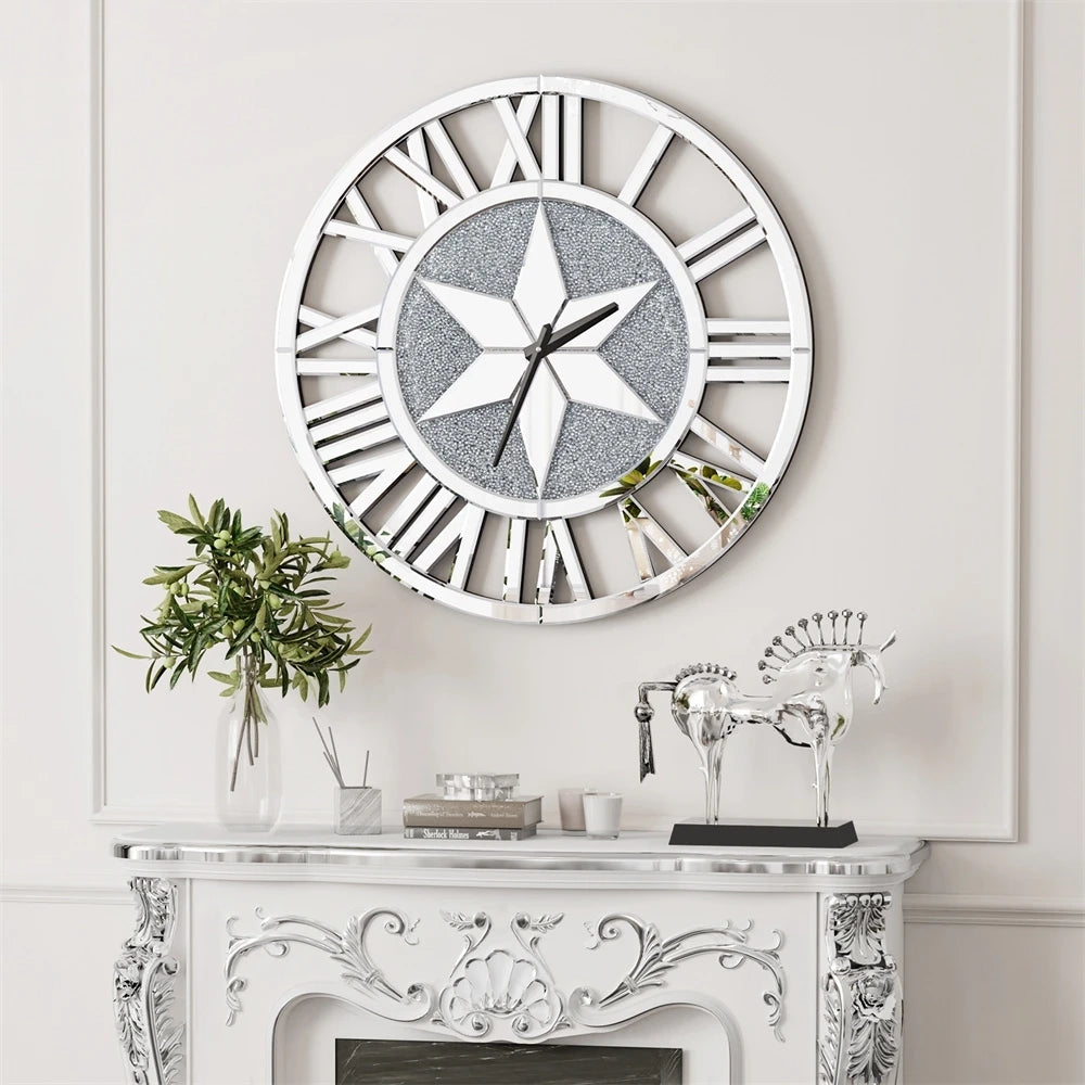 LUVODI Round Crush Diamond Mirror Round Wall Clock with Roman Numerals - Homevalley.co.uk