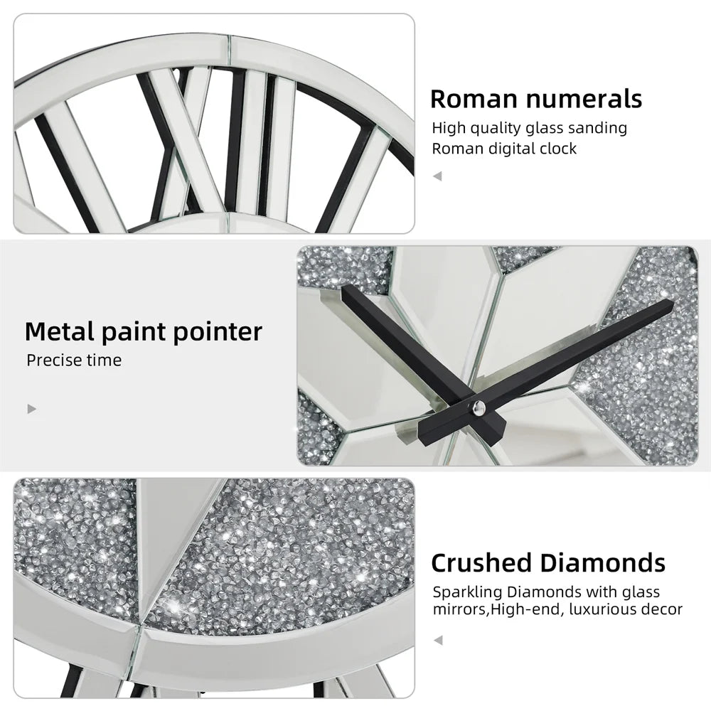 LUVODI Round Crush Diamond Mirror Round Wall Clock with Roman Numerals - Homevalley.co.uk