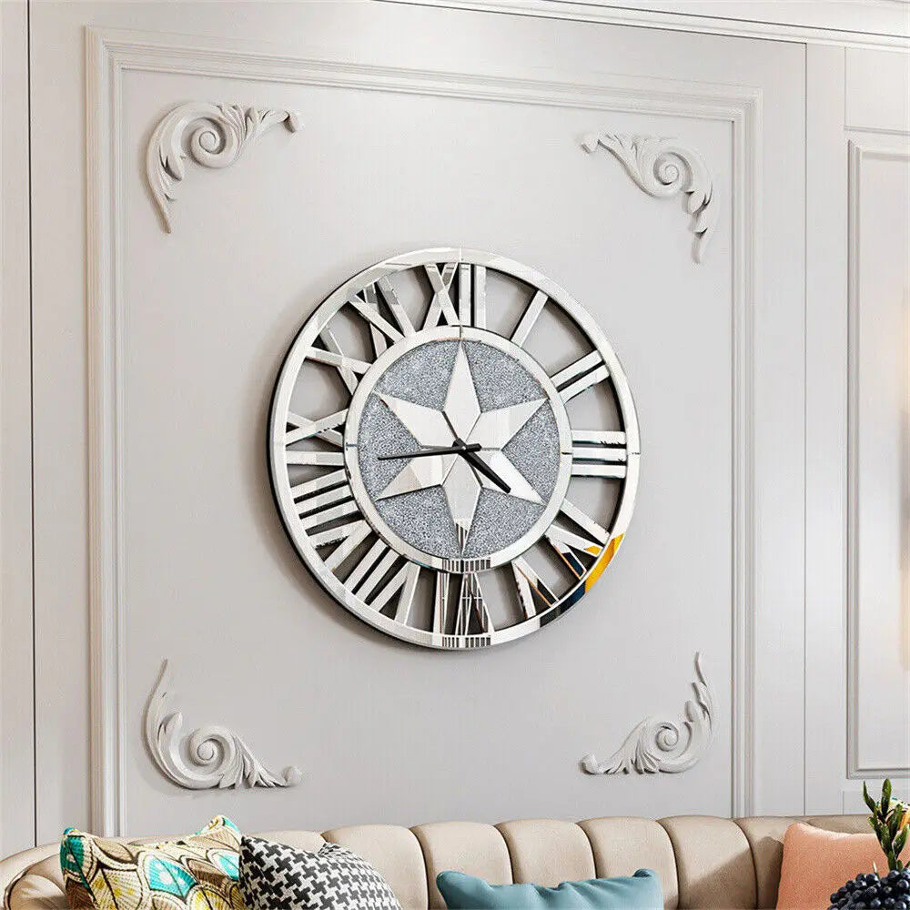LUVODI Round Crush Diamond Mirror Round Wall Clock with Roman Numerals - Homevalley.co.uk