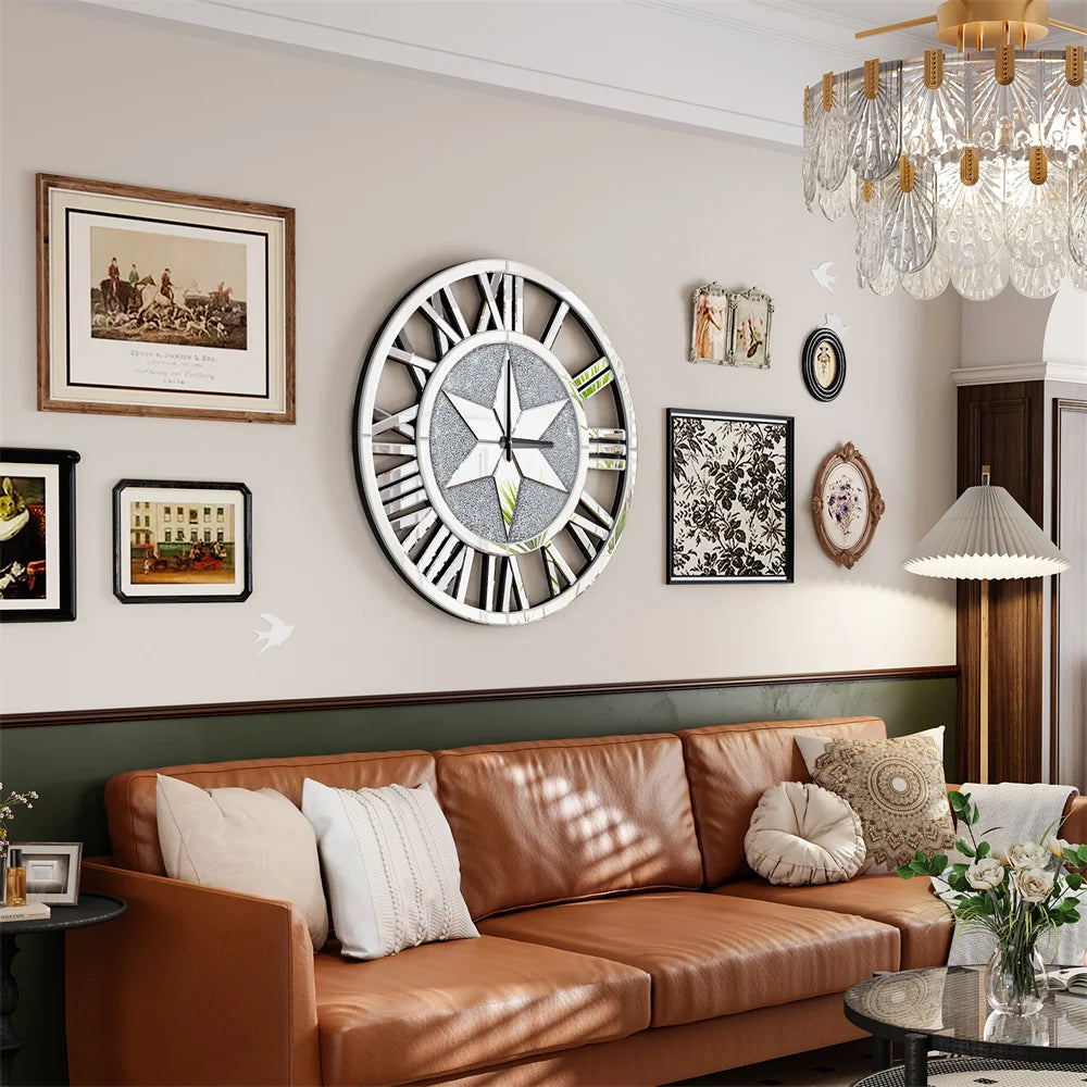 LUVODI Round Crush Diamond Mirror Round Wall Clock with Roman Numerals - Homevalley.co.uk