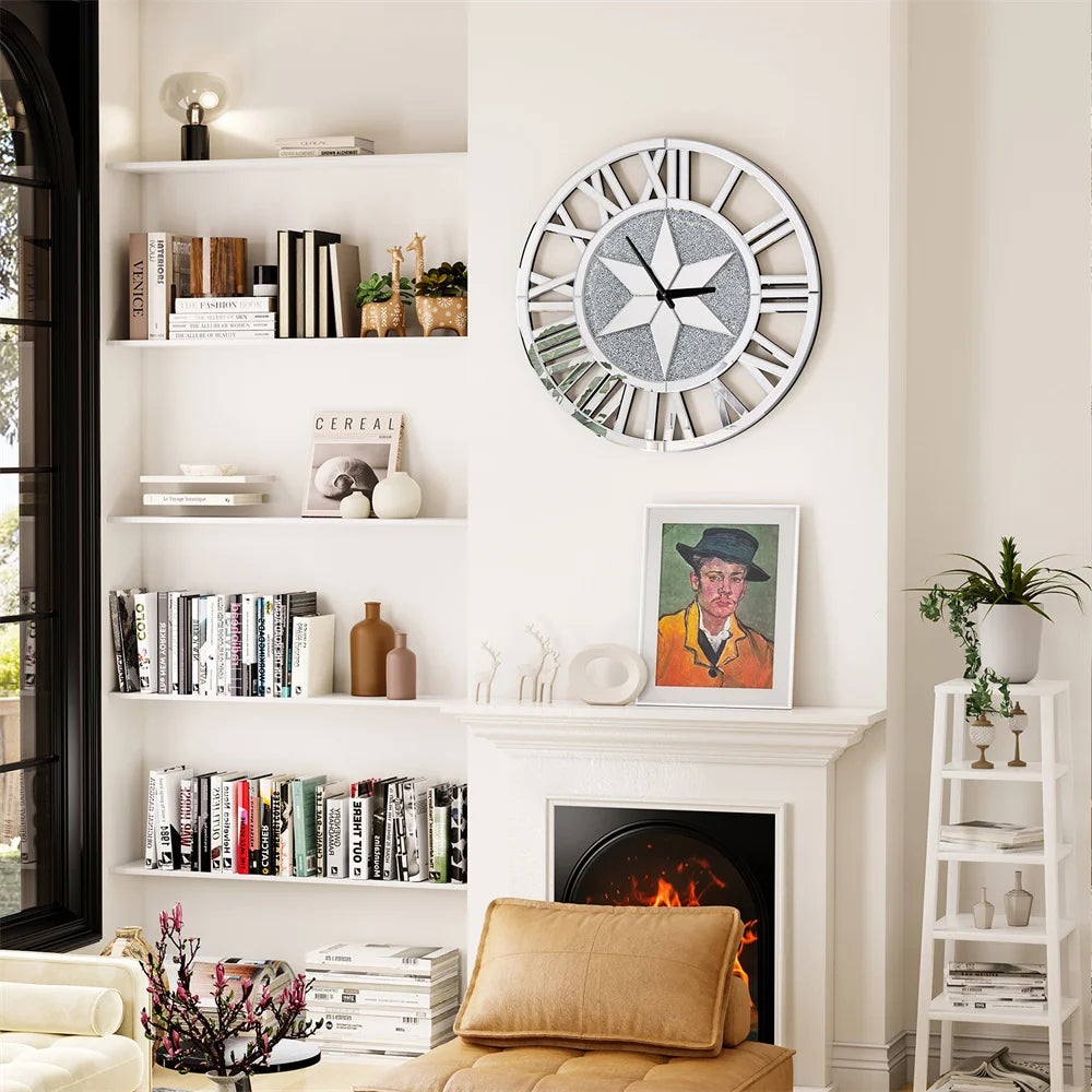 LUVODI Round Crush Diamond Mirror Round Wall Clock with Roman Numerals - Homevalley.co.uk