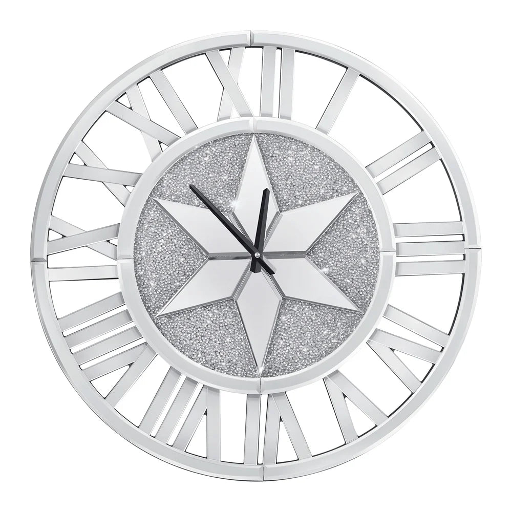 LUVODI Round Crush Diamond Mirror Round Wall Clock with Roman Numerals - Homevalley.co.uk