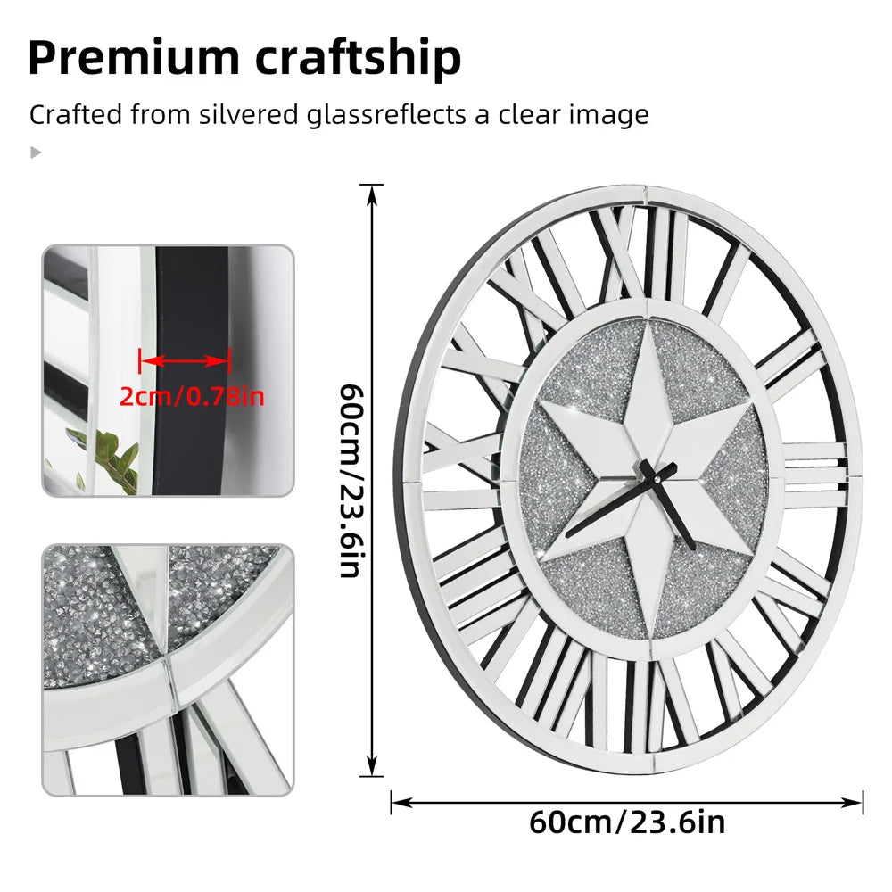 LUVODI Round Crush Diamond Mirror Round Wall Clock with Roman Numerals - Homevalley.co.uk