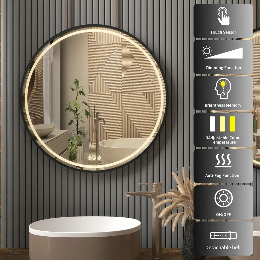 LUVODI Round LED Dimmable and Fog-less Bathroom Mirror with Black Gold Frame and Detachable Rope - Homevalley.co.uk