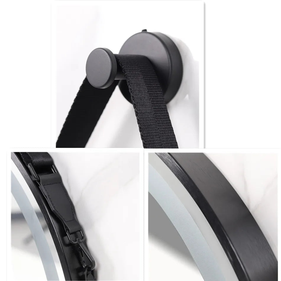 LUVODI Round LED Dimmable and Fog-less Bathroom Mirror with Black Gold Frame and Detachable Rope - Homevalley.co.uk
