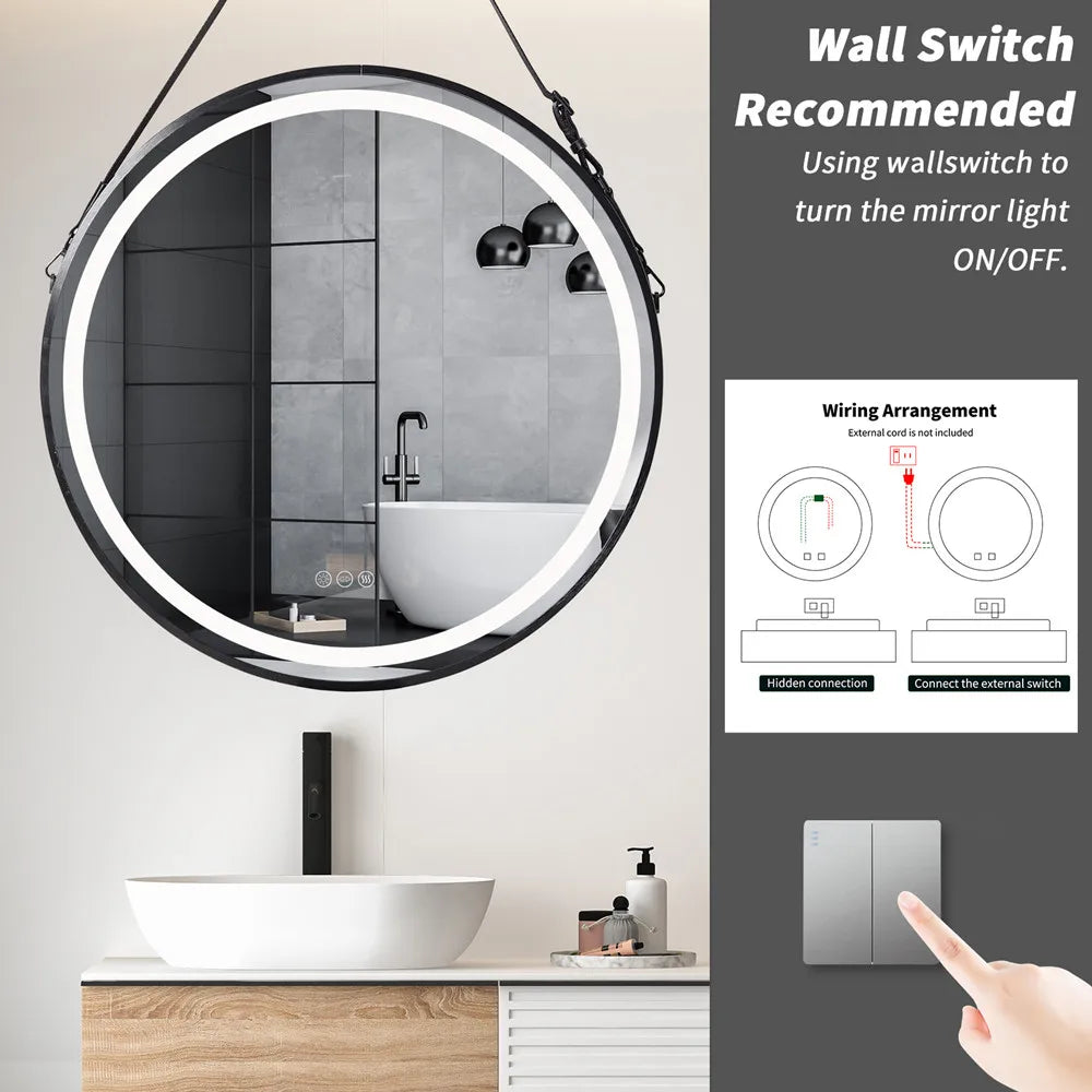 LUVODI Round LED Dimmable and Fog-less Bathroom Mirror with Black Gold Frame and Detachable Rope - Homevalley.co.uk