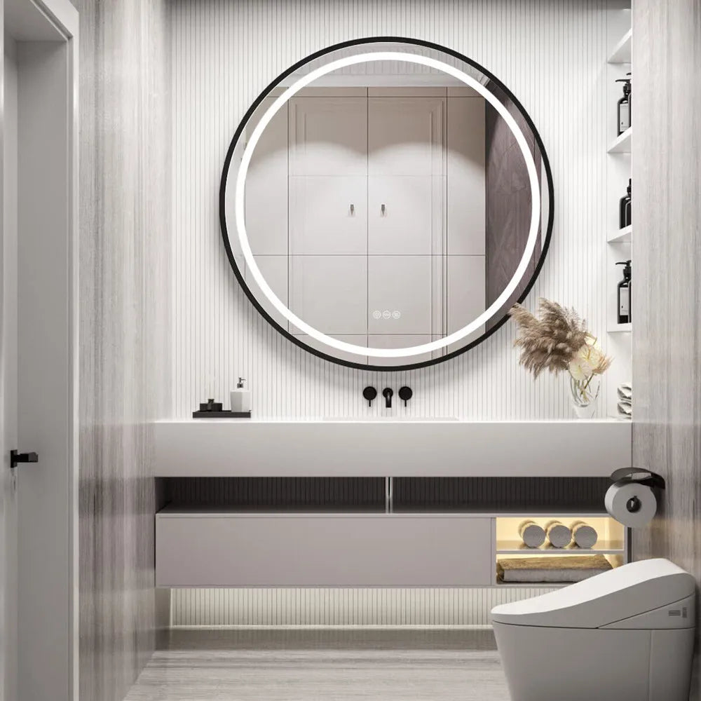 LUVODI Round LED Dimmable and Fog-less Bathroom Mirror with Black Gold Frame and Detachable Rope - Homevalley.co.uk
